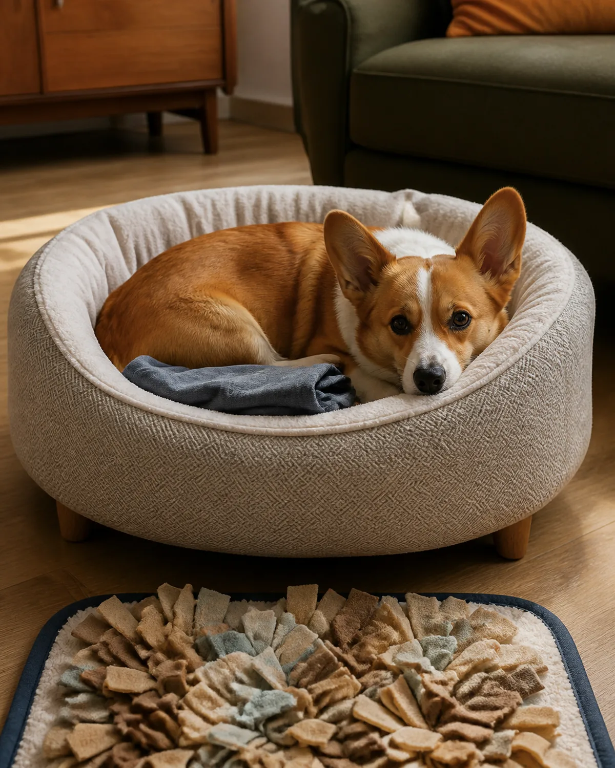 a small red-and-white dog with very short legs a long low body oversized erect ears curled up in a round elevated dog bed with high cushioned sides with a folded t-shirt tucked beside them and a snuffle mat on the floor soft window light