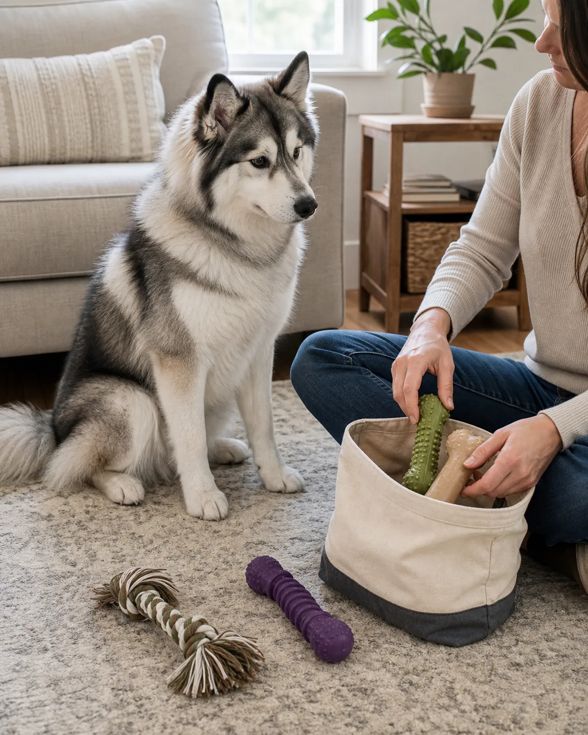 a medium grey-and-white double-coated dog with a darker facial mask erect triangular ears and a bushy tail sitting on a living room floor watching a person cross-legged nearby putting chew toys into a canvas bag while different toys are laid out on the floor bright daylight