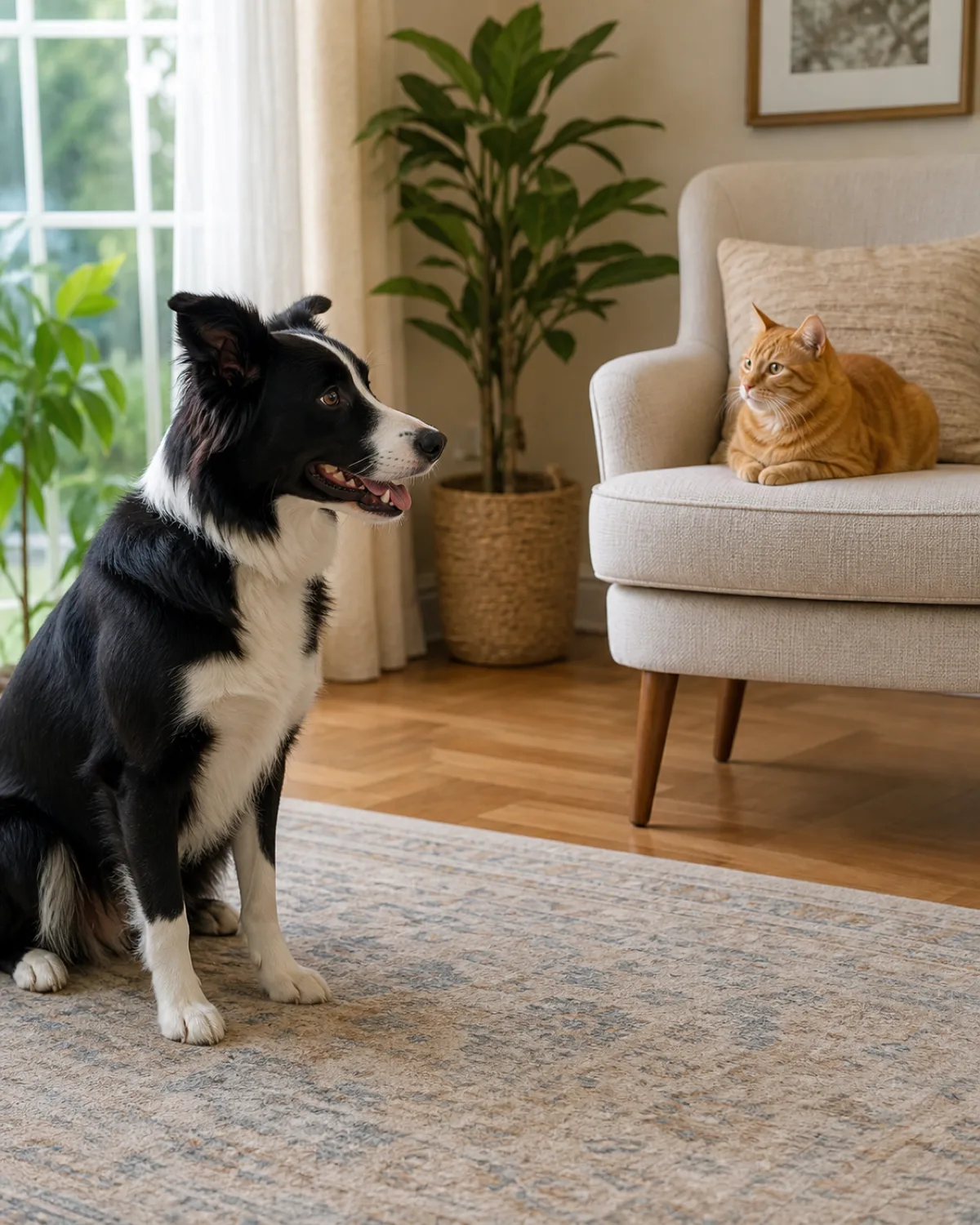 a medium athletic dog with a black-and-white coat with a white blaze on face and white collar and chest and medium-length fur and semi-erect ears showing calm relaxed body language with soft eyes and loose body and slightly open mouth while looking across a bright living room at a ginger domestic cat sitting on a chair