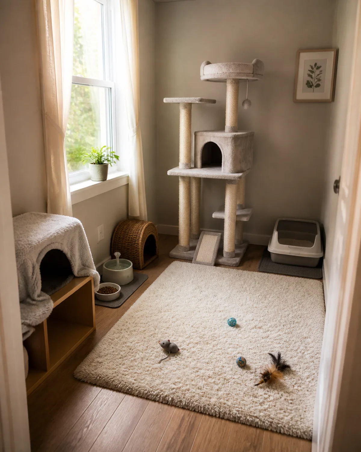 a cozy small room set up as a cat sanctuary with a tall cat tree by a window with natural light and food and water bowls on the floor and a clean litter box in the far corner and a soft blanket draped over a low shelf creating a hiding nook and a few small cat toys scattered on a soft rug