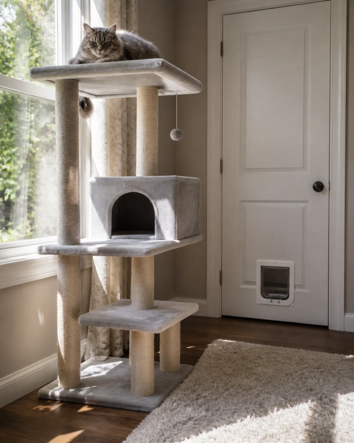 a fluffy grey domestic cat perched comfortably on top of a tall cat tree near a window looking down calmly at the room below with relaxed ears and half-closed eyes and a small cat flap visible in the lower part of the rooms door in bright natural window light