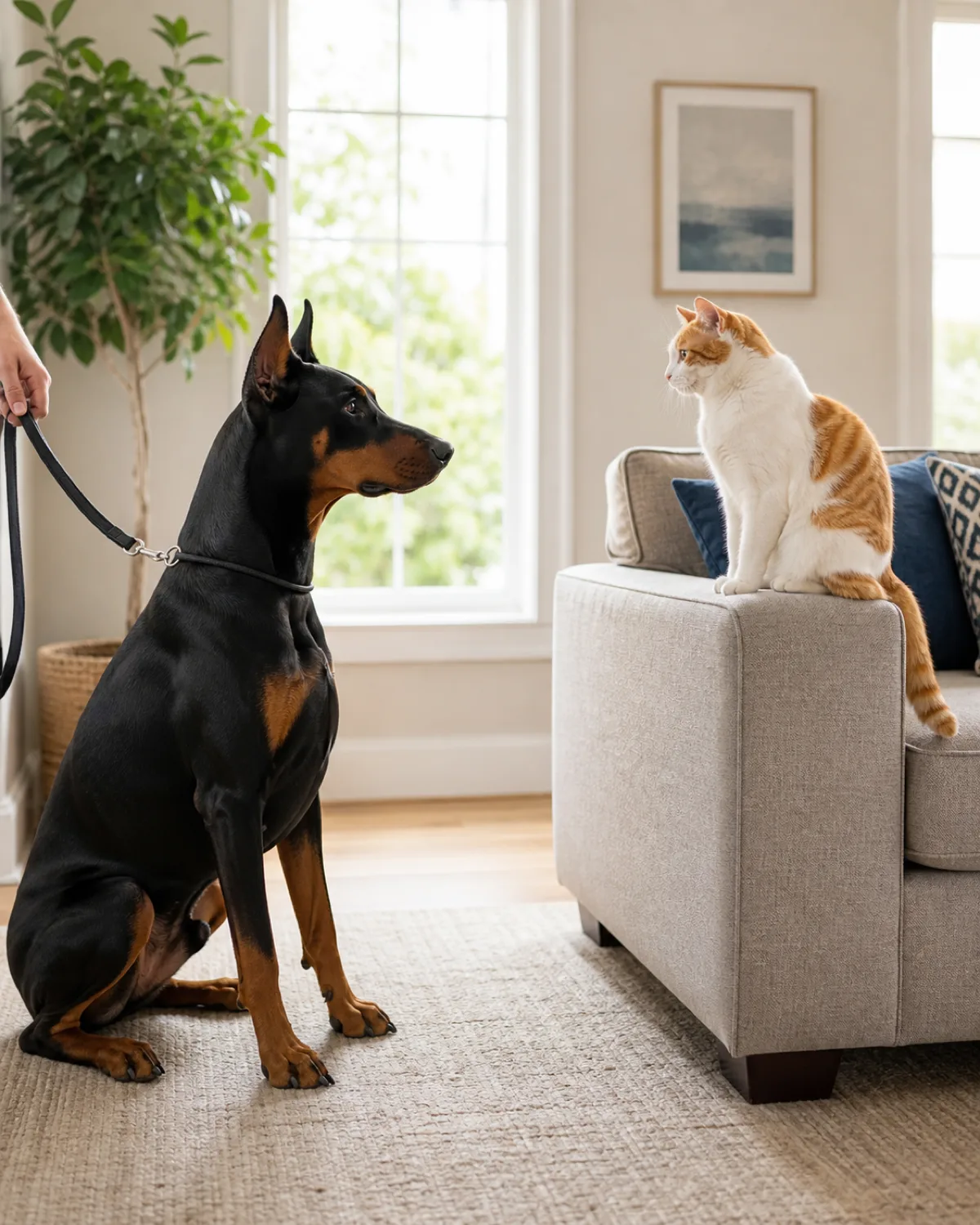a large lean muscular dog with a sleek black-and-tan short coat with sharp rust markings on legs and chest and upright ears and a long muzzle sitting calmly on a short leash held by a persons hand visible at the edge of frame while a white-and-orange cat sits calmly on a sofa armrest about three feet away in bright natural window light