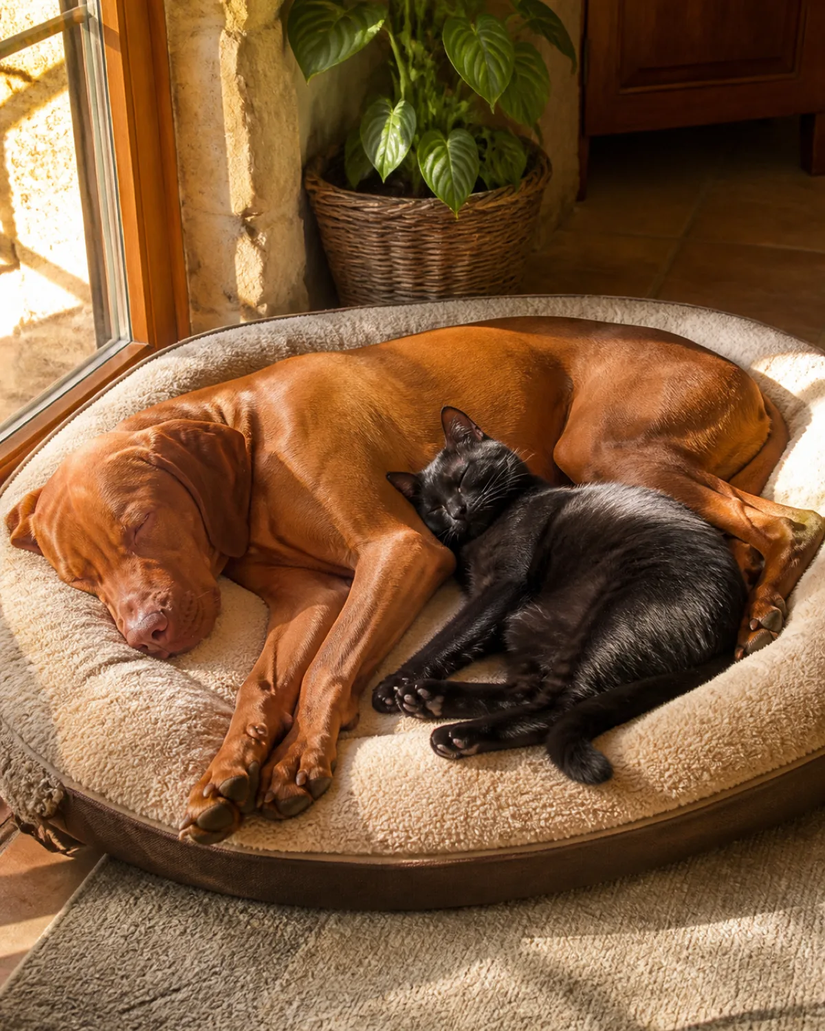 a medium-large sleek dog with a uniform rusty golden-brown short coat floppy ears and a lean athletic frame and a solid black domestic cat napping together on a large dog bed placed by a sunny window with both animals fully relaxed and the cat leaning gently against the dogs side in warm golden hour sunlight