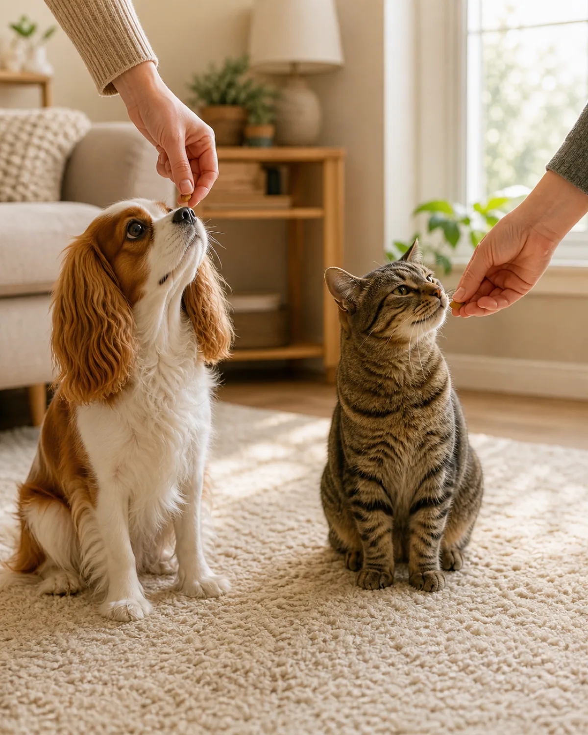 a small dog with a chestnut-and-white silky medium coat and long feathered floppy ears and a gentle round-eyed face sitting calmly on a cream rug receiving a small soft treat from a persons hand reaching down from above while nearby on the same rug a striped tabby cat sits relaxed while another persons hand offers it a small treat in a bright warm living room