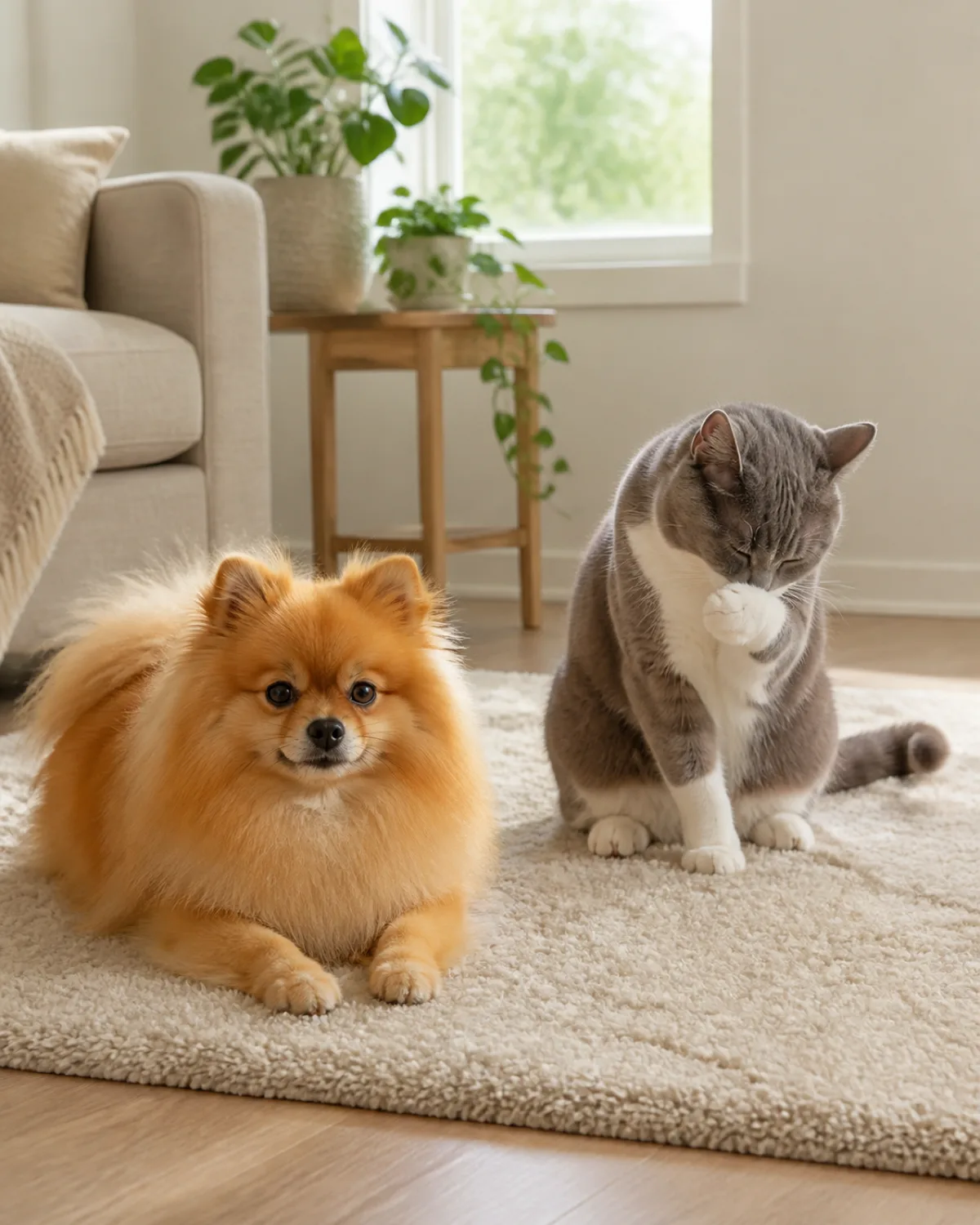 a tiny dog with a profuse fluffy orange double coat a foxy face small erect ears and a plumed tail curled over its back lying in a relaxed sphinx position on a soft cream rug while a grey-and-white domestic cat sits nearby on the same rug grooming itself calmly in a bright warm living room
