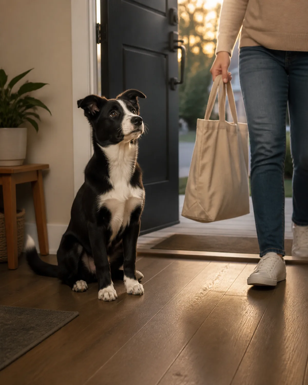 a medium black-and-white puppy with semi-erect ears and a white blaze sitting with four paws on the floor near the front door as a person steps inside holding a bag puppy looking up with tail gently wagging but body still and composed warm evening light