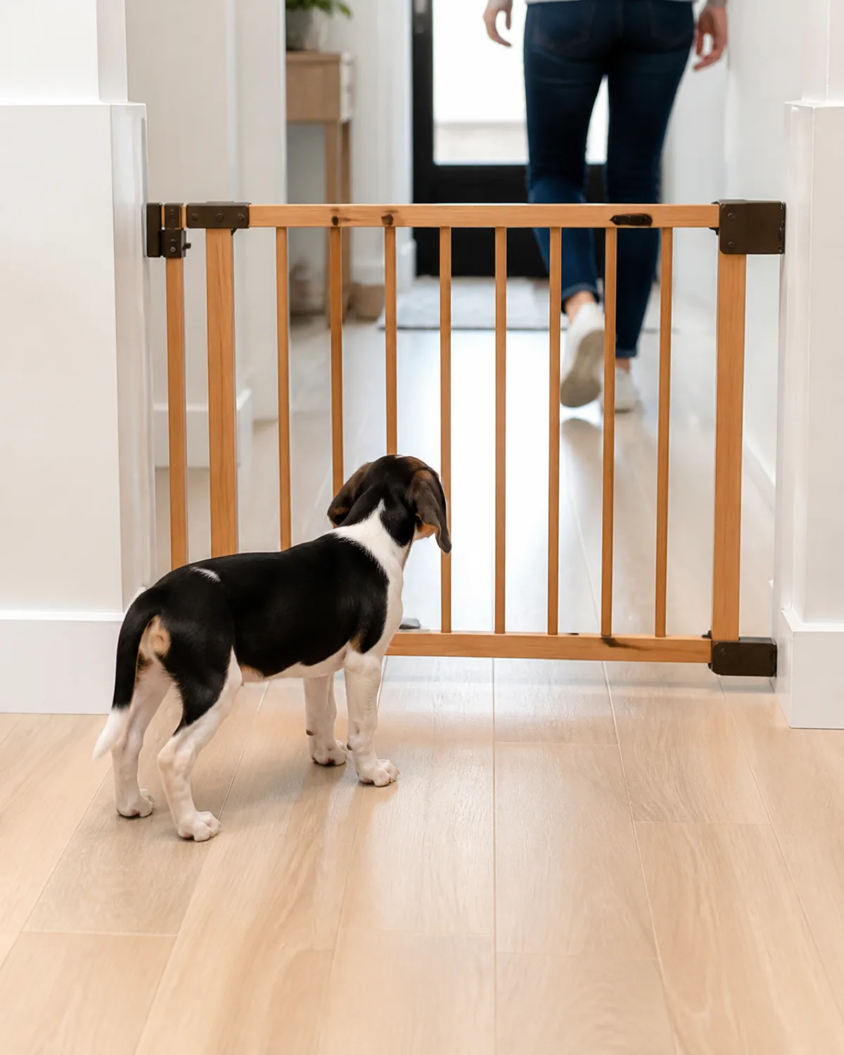 a small tricolor black white and tan short-coated puppy with long floppy ears standing by a baby gate in a hallway watching a persons legs walking toward the front door just a few feet away looking curious but calm not distressed bright indoor light