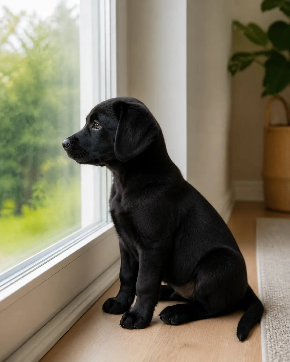 a medium solid black short-coated puppy with floppy ears and a thick otter tail sitting quietly by itself near a window looking outside with a calm curious expression not pawing or scratching at the window soft diffused daylight