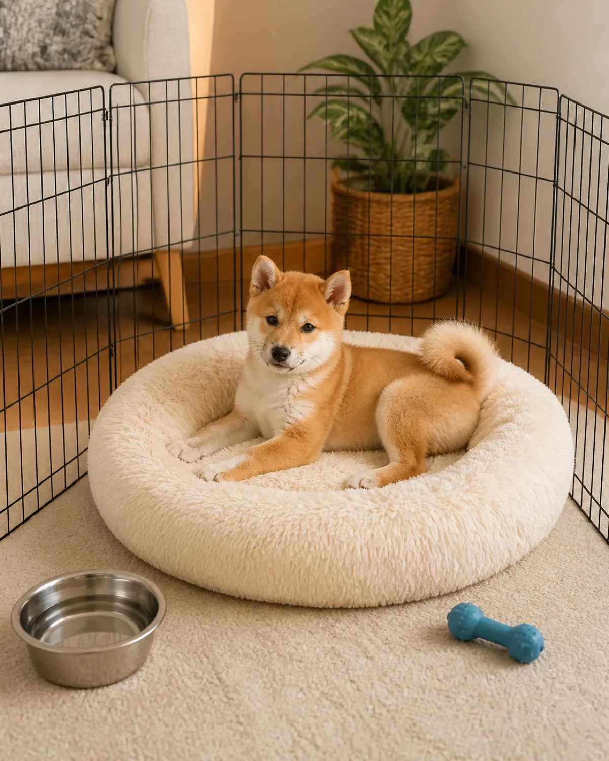 a small compact puppy with a plush orange-red double coat white underside erect triangular ears and a curled tail lying comfortably on a fluffy dog bed inside a pen area in a living room corner water bowl nearby chew toy beside the bed looking content warm indoor light