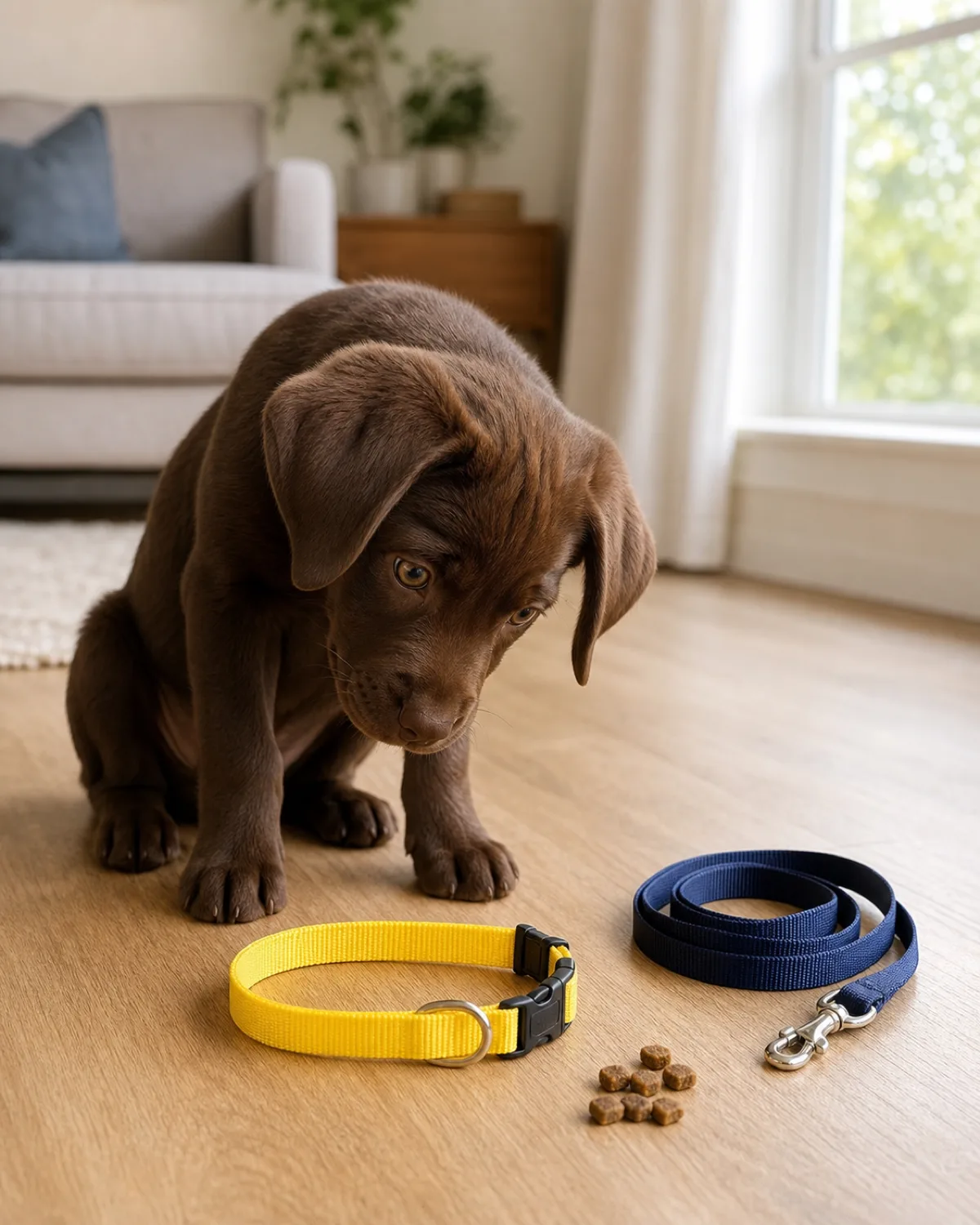 a small chocolate-brown puppy with long floppy ears and big amber eyes sitting on a living room floor, nose lowered to sniff a bright yellow flat nylon collar on the floor, small dog treats scattered nearby, a coiled lightweight leash beside the collar, warm window light
