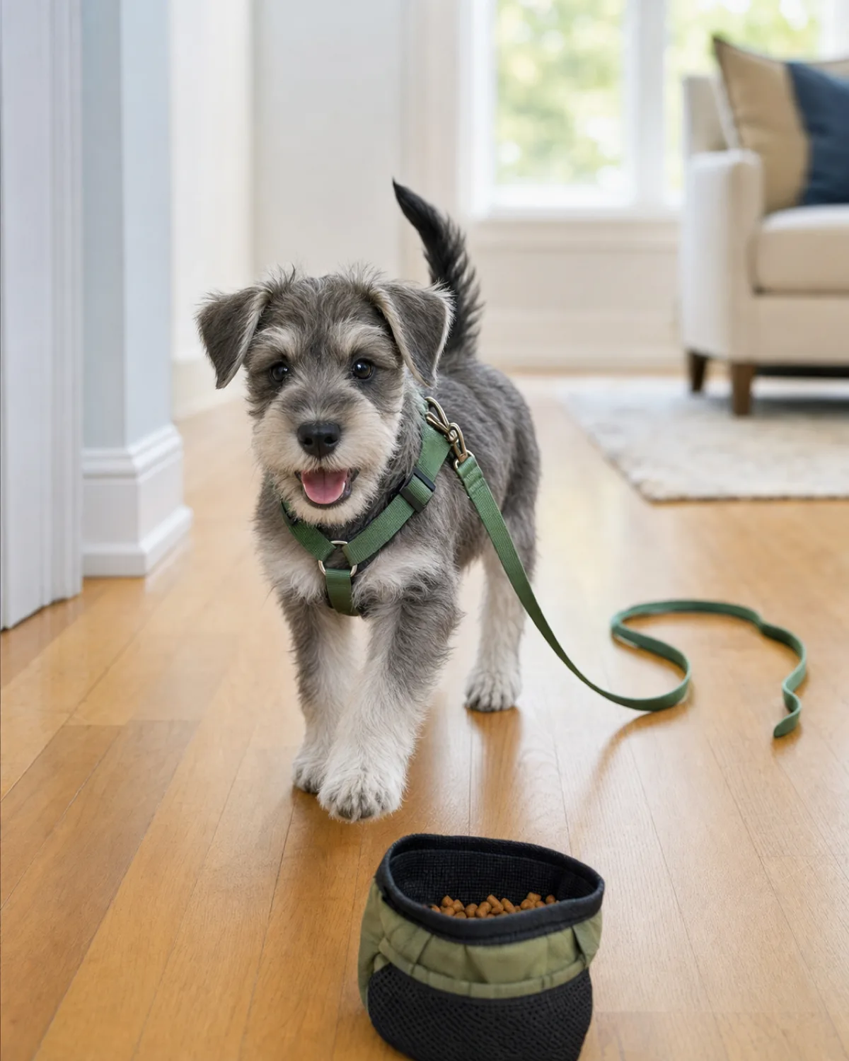 a small wiry grey-and-white puppy with bushy eyebrows and a bearded chin wearing a green Y-shaped harness walking happily through a hallway with a lightweight nylon leash trailing freely on the hardwood floor behind it, no one holding the leash, puppy looking forward with tail up, bright window light