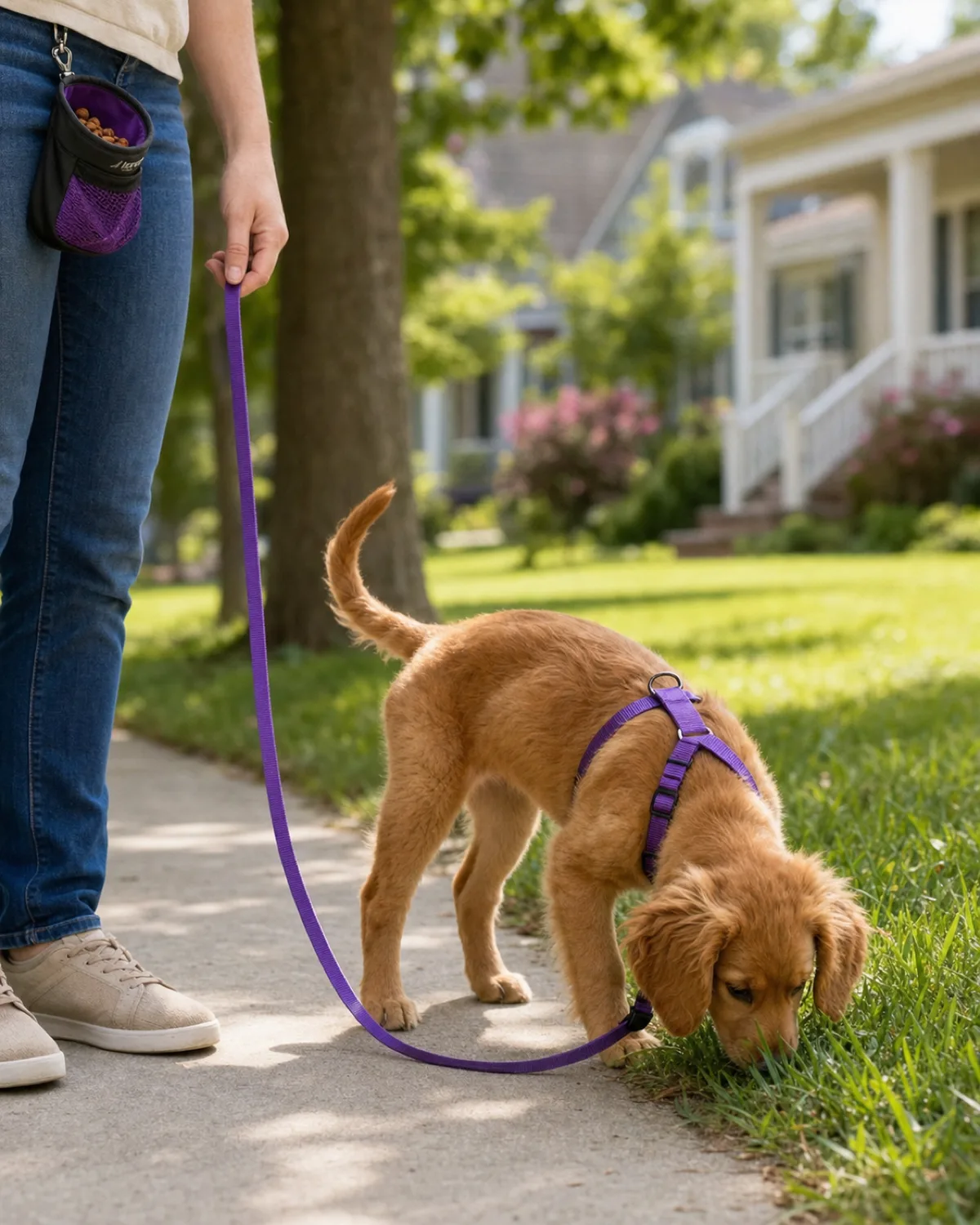 a small golden-red silky puppy with long feathered drop ears wearing a purple Y-shaped harness on a quiet residential sidewalk, nose down sniffing intently at a patch of grass at the sidewalk edge, owner lower legs and hand holding a slack leash standing patiently, bright outdoor daylight