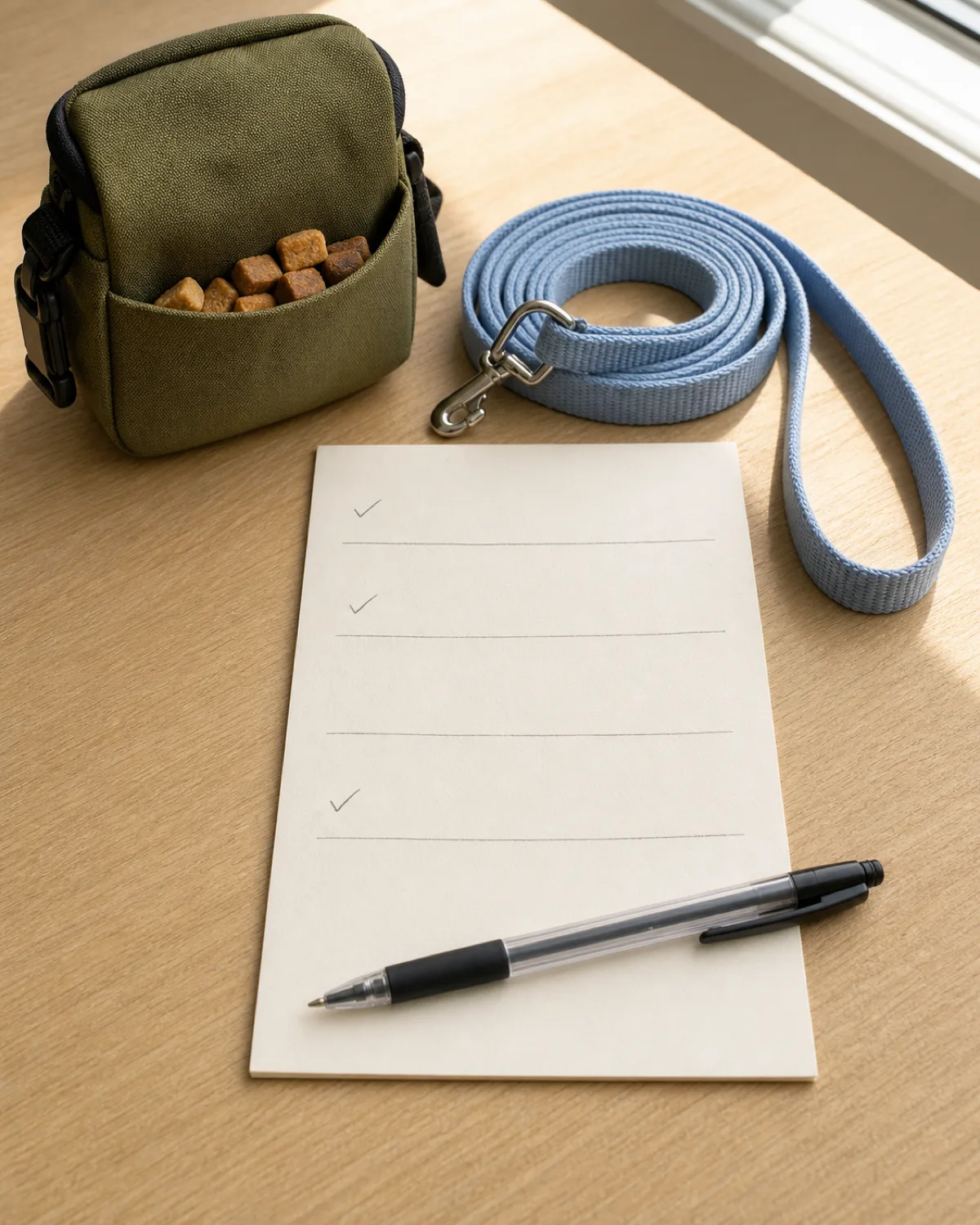 a cream-colored card with hand-drawn lines organized into blurry week sections with pencil check marks, beside an olive-green canvas treat pouch and a coiled light-blue nylon leash, a ballpoint pen lying across the card bottom edge, bright window light on a light wooden desk