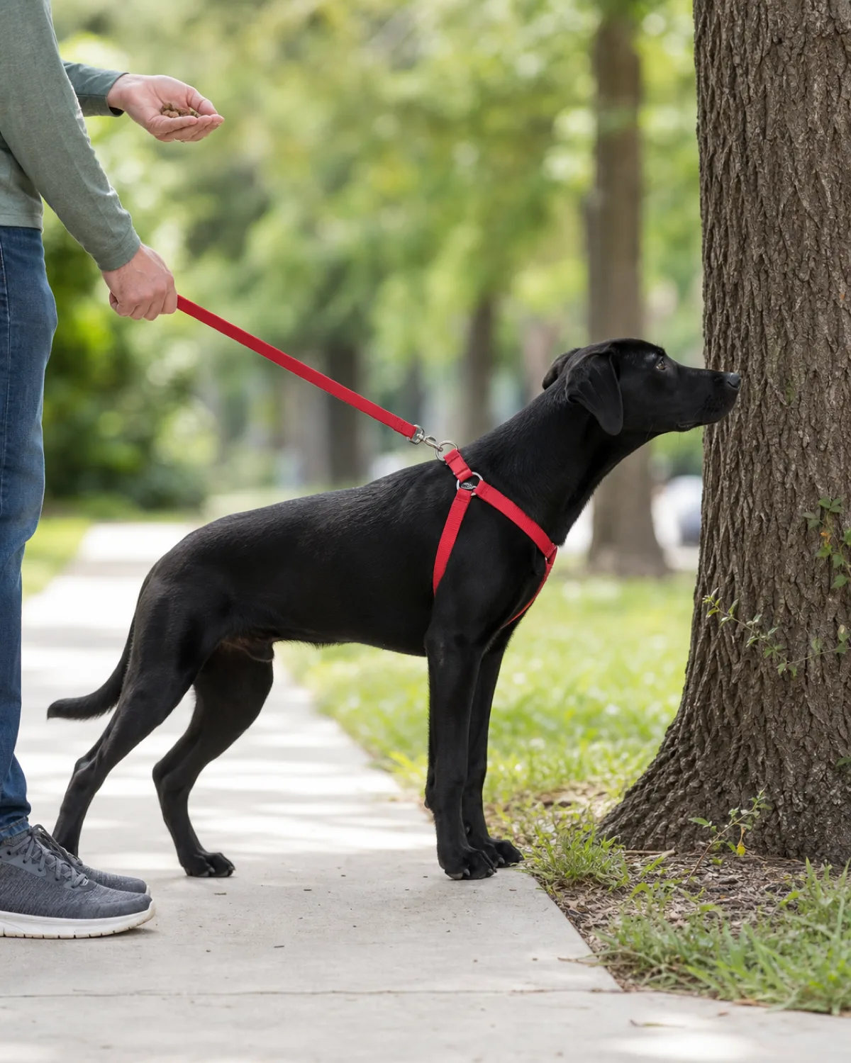 a large adolescent solid-black short-coated dog with floppy ears wearing a red Y-shaped harness pulling toward a tree with the leash taut, owner hand gripping leash and feet planted motionless on a park path, the dog noticeably larger than the puppies in previous images, afternoon light