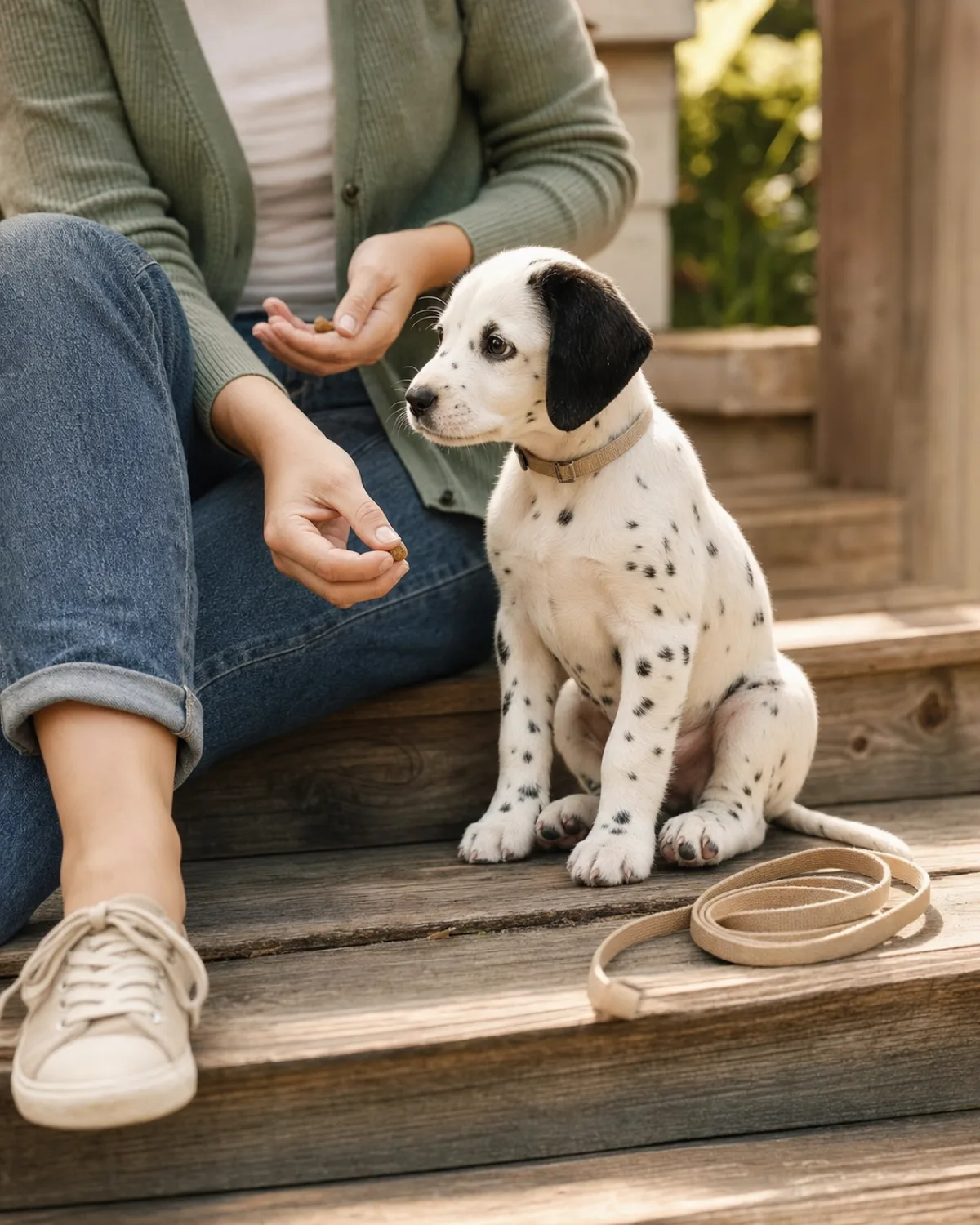 a small spotted black-and-white smooth-coated puppy with floppy ears sitting beside Jess on wooden front porch steps, Jess wearing a sage-green cardigan with only legs and hands visible, a small coiled leash on the step beside them, warm golden natural light, puppy looking to one side with curious bright eyes