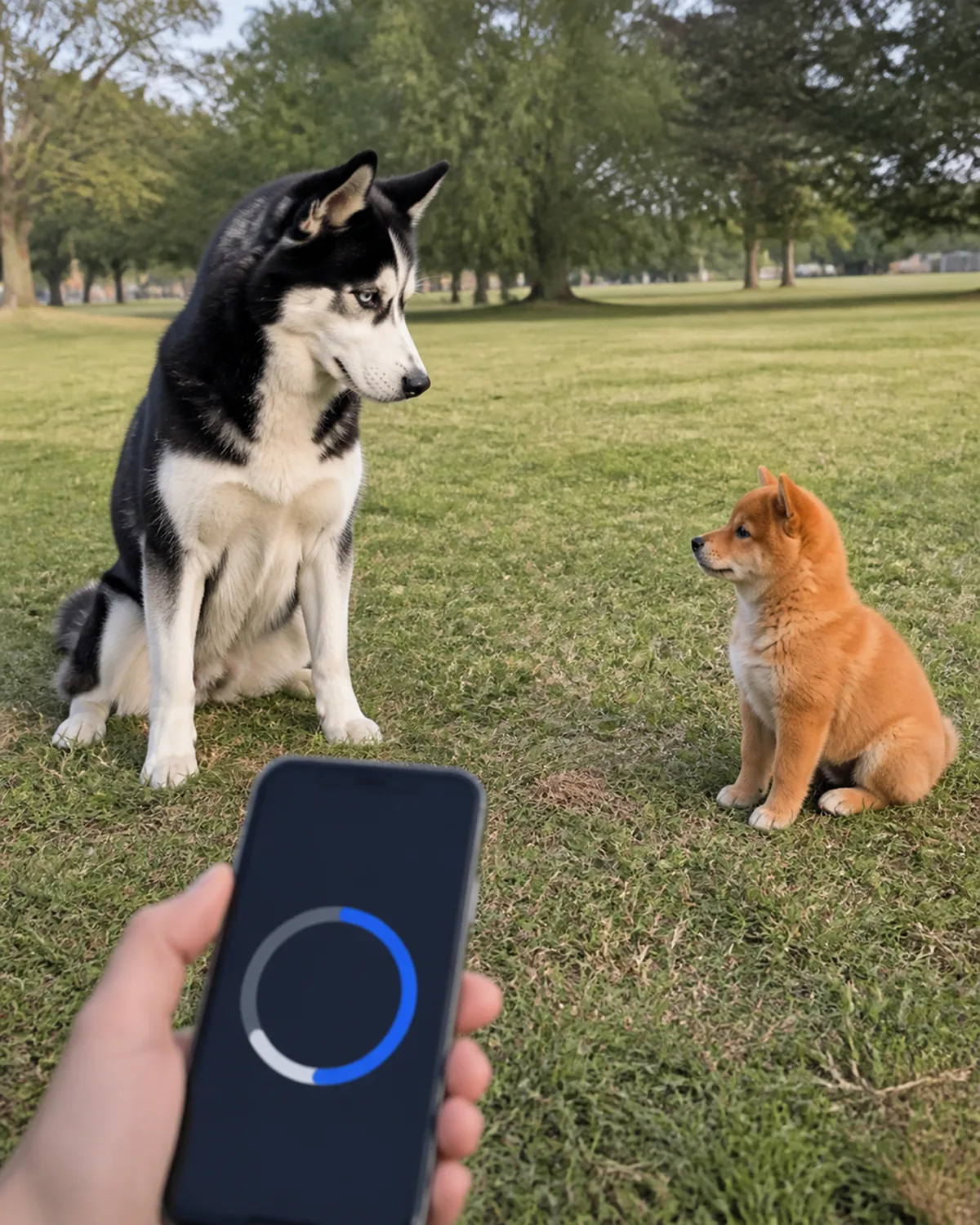 two dogs sitting on grass in a park one meter apart one large dog with a thick black-and-white double coat and pale blue eyes and one small orange fluffy puppy with tiny erect ears a human hand in the foreground holds a phone with a timer display afternoon park light