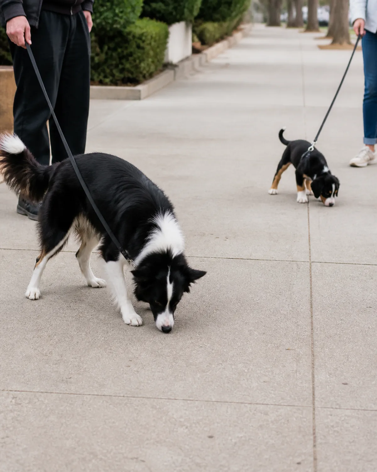 two dogs outdoors on a quiet sidewalk three meters apart each held by a different handler on a loose leash one medium dog with a black-and-white long coat and one small puppy with a tricolor coat both sniffing the ground soft overcast daylight