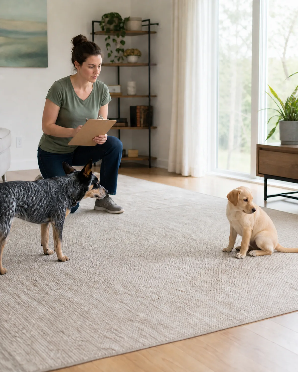 a professional dog behavior consultation scene a person in casual professional attire kneeling in a living room taking notes on a clipboard while observing two dogs four feet apart one medium dog with a blue-speckled coat looking tense and one small yellow-cream puppy with floppy ears looking uncertain bright living room