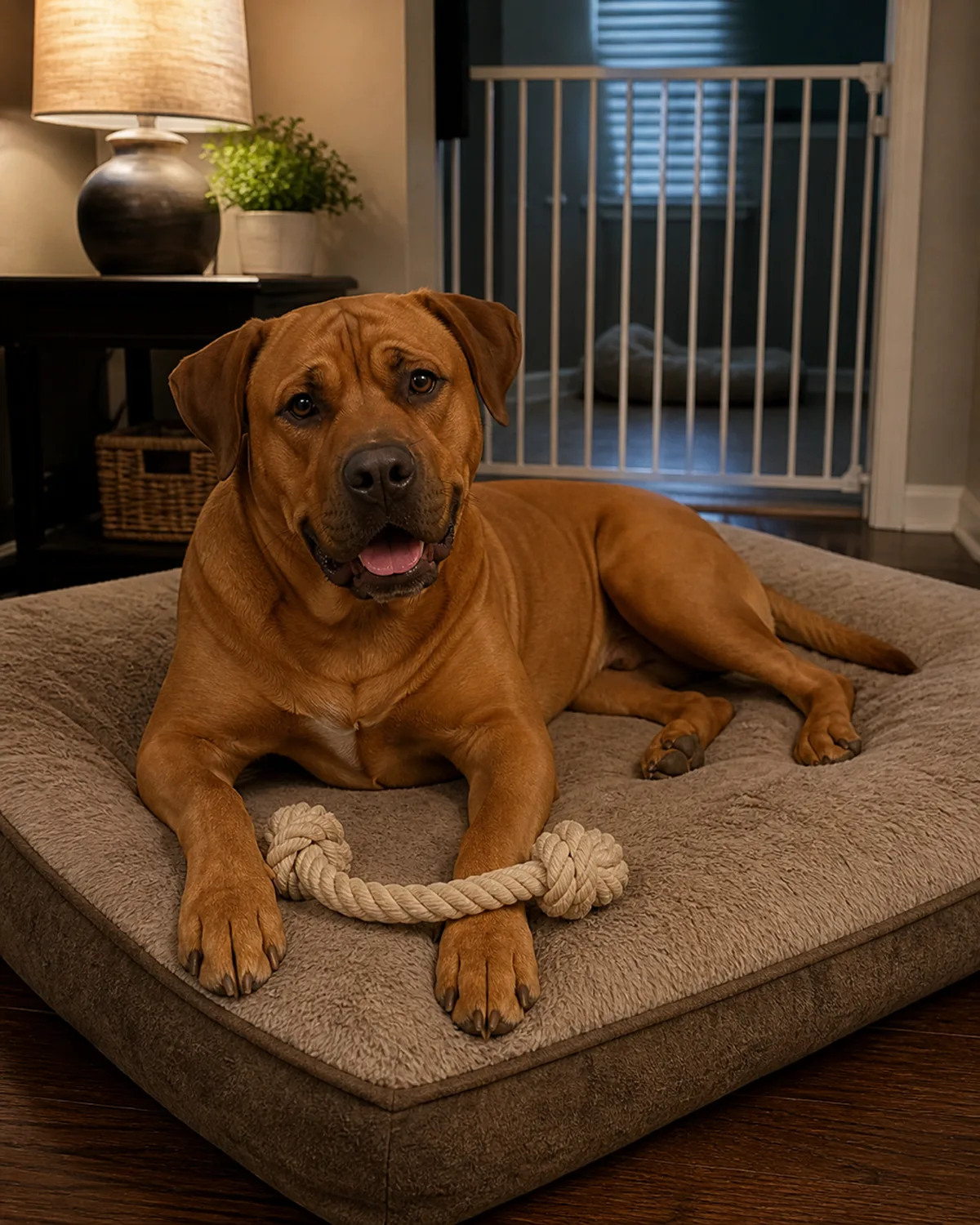 a large muscular dog with a smooth wheaten-red short coat lying contentedly on its own large dog bed with a favorite rope toy between its front paws in a quiet living room corner with a baby gate visible in the background warm lamp light