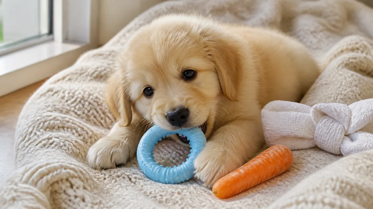 a small fluffy golden-cream puppy with round dark eyes soft floppy ears and a short rounded muzzle lying on a cream knit blanket chewing a light blue soft rubber teething ring with front paws resting on the toy and a frozen carrot and a knotted damp towel nearby in warm soft indoor natural light from a window on the left with a pale wood floor visible