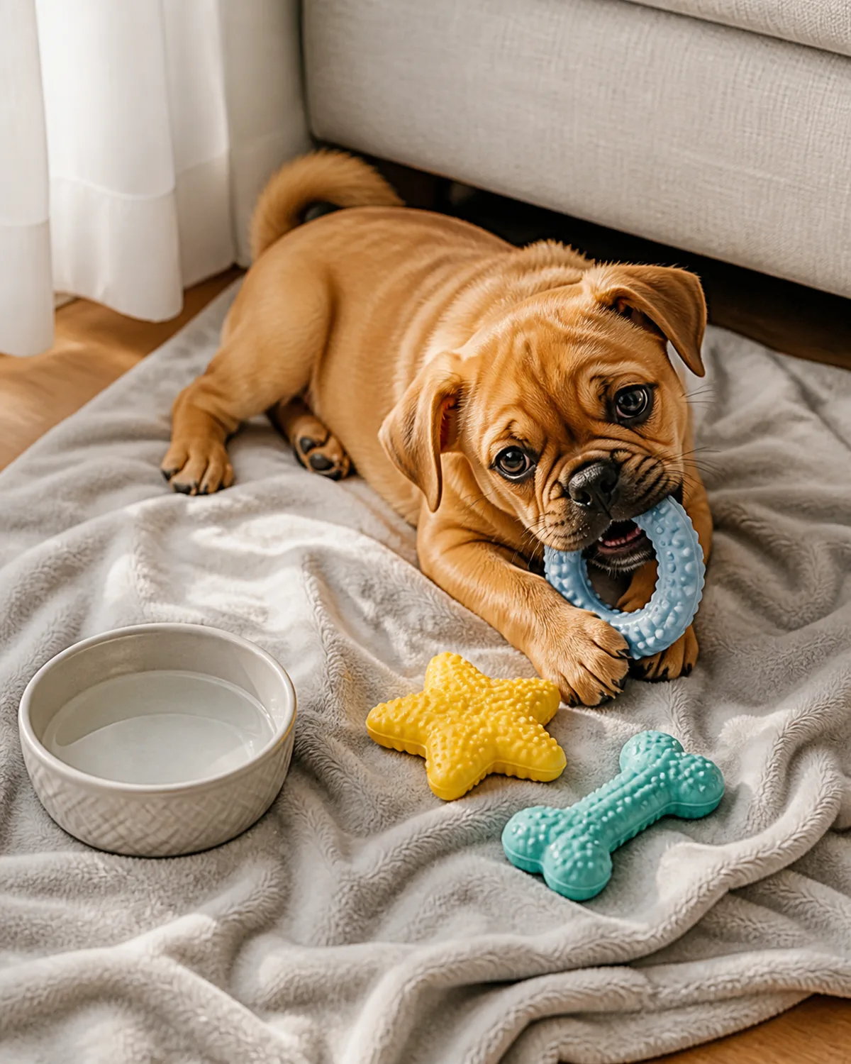 a small tawny-gold puppy with a wrinkled face short coat and a curled tail lying on a light grey blanket in a corner by a sofa chewing contentedly on a blue nubbed teething ring with two other chew toys and a small water bowl arranged nearby on the blanket in warm afternoon window light