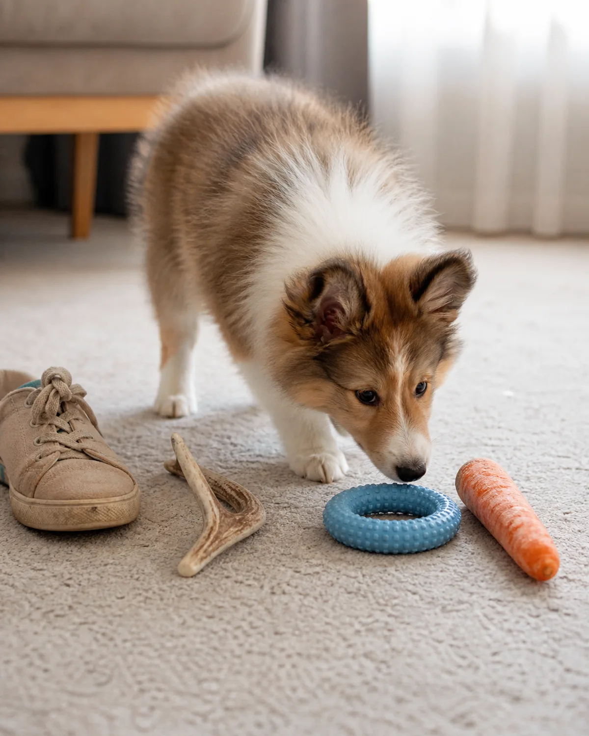 a small sable-and-white puppy with a fluffy double coat pointed ears and a foxy face on a light grey carpet with a worn sneaker and a deer antler on the left side and a soft blue puppy teething ring and a frozen carrot on the right side the puppy stretching its nose toward the correct right side choices in warm window light