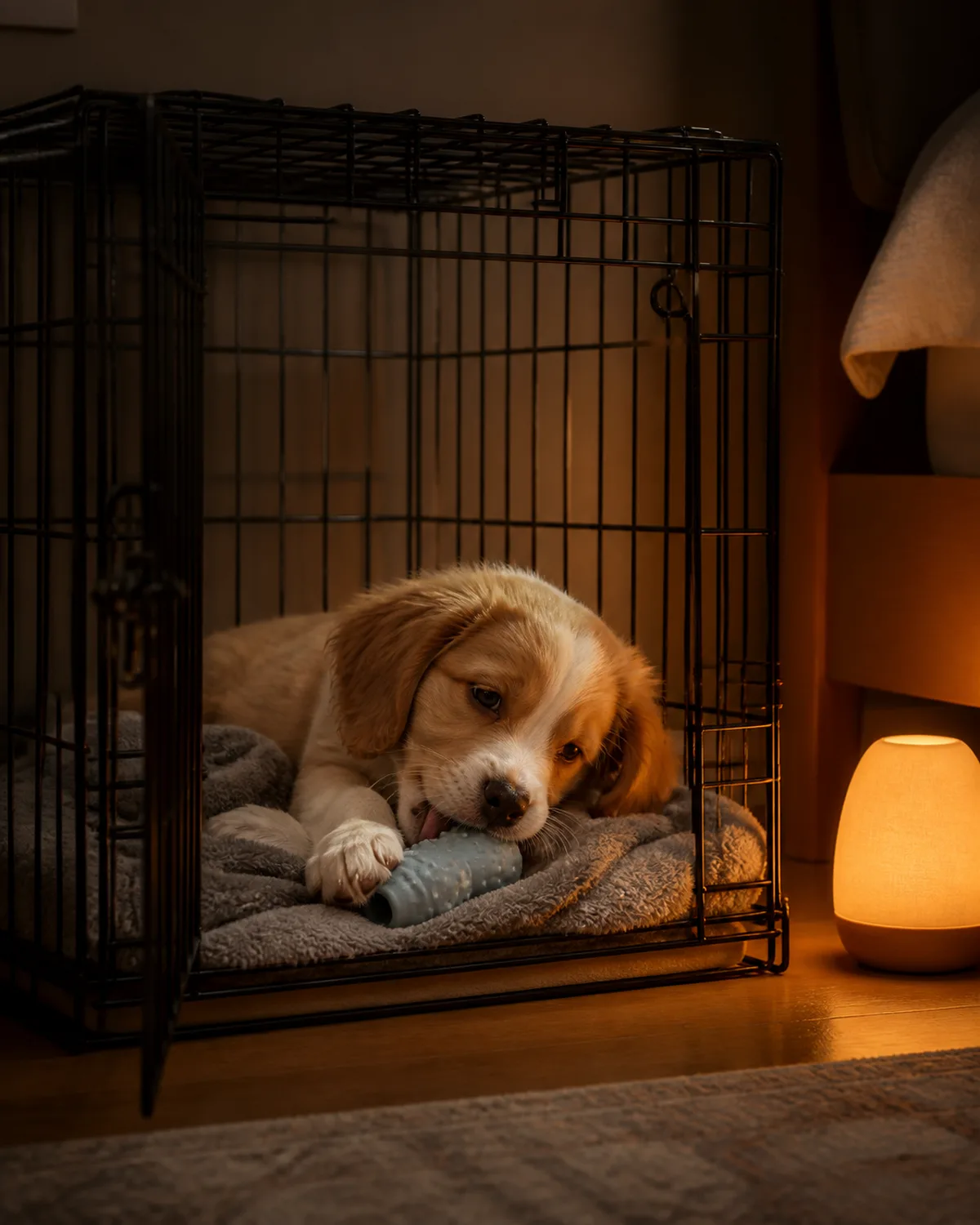 a small caramel-and-white puppy with soft medium fur floppy ears and a gentle expression lying quietly inside an open wire crate with a soft grey blanket licking a frozen KONG with a small warm amber night light glowing beside the crate on the floor creating a peaceful sleepy atmosphere in a dim bedroom corner