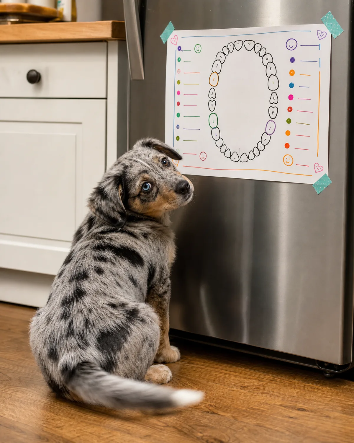 a small merle-patterned puppy with blue-grey and black mottled coat one blue eye and one brown eye and floppy ears sitting on the kitchen floor in front of a refrigerator door looking up at a hand-drawn cute tooth replacement chart taped to the fridge with colorful date markings and smiley faces tail wagging on the floor in warm kitchen light