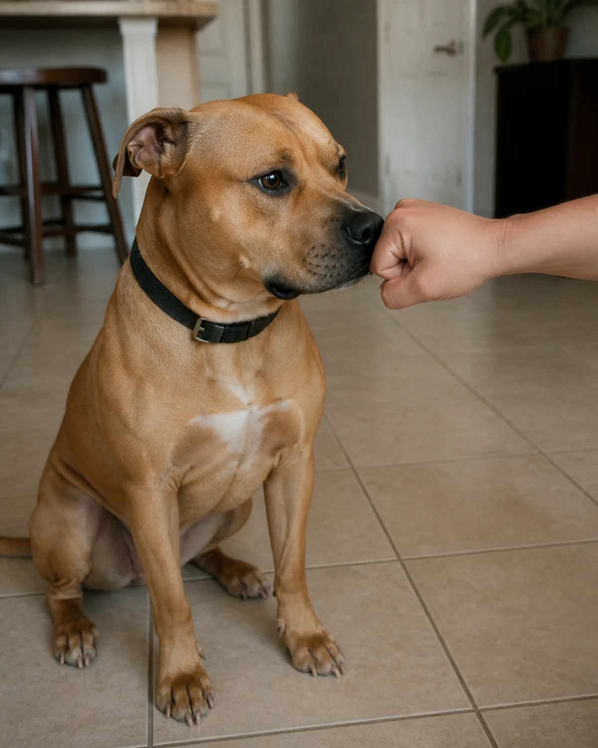 a medium muscular dog with a broad blocky head wide-set eyes a short smooth fawn coat and rose ears sitting on a tile floor and sniffing intently at a persons closed fist held at the dogs chest height the dogs nose almost touching the knuckles warm indoor light