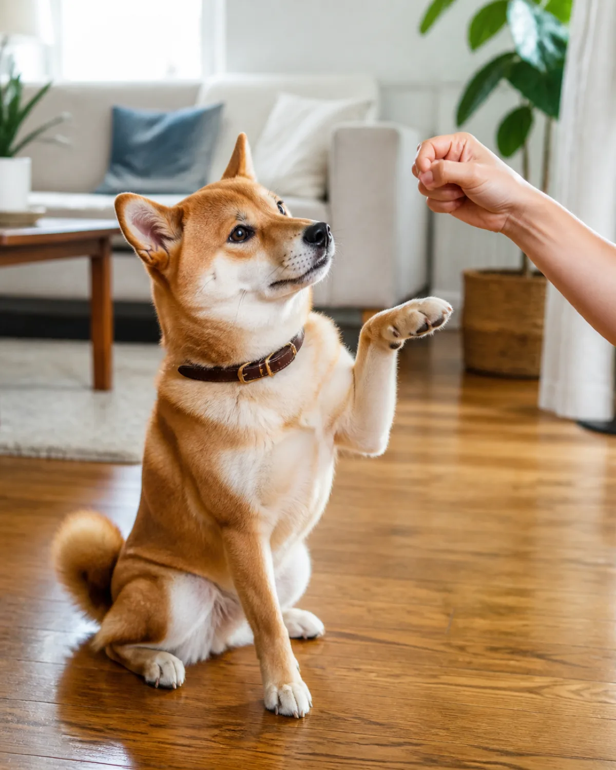 a small compact dog with a thick orange-red double coat and white underside erect ears a curled tail and a fox-like face sitting on a hardwood floor one front paw raised mid-air toward a persons closed fist the dog looking focused and curious bright living room with morning light
