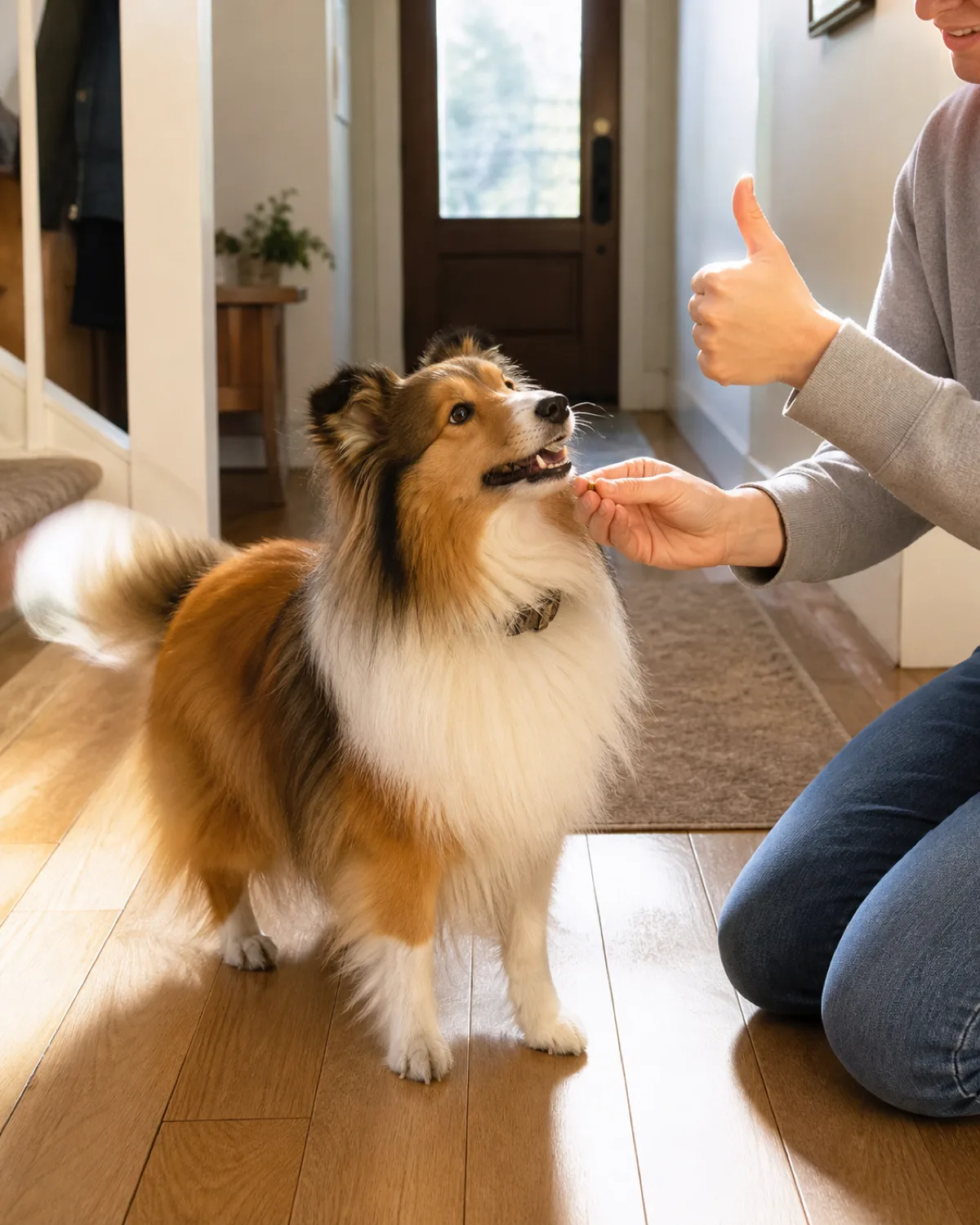 a small collie-like dog with an abundant sable-and-white long coat a mane and frill semi-erect ears and a fine long muzzle being rewarded with a treat after a successful shake the person kneeling with one hand offering a treat and the other giving a thumbs-up the dogs tail wagging warm natural light in a sunlit hallway