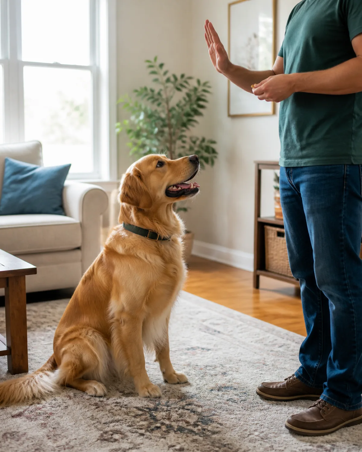 a large golden-coated dog with medium feathered fur floppy ears and a friendly broad muzzle sitting perfectly still on a living room rug looking up at a person standing with one hand raised in a sit signal and a treat pinched in the other hand bright natural window light