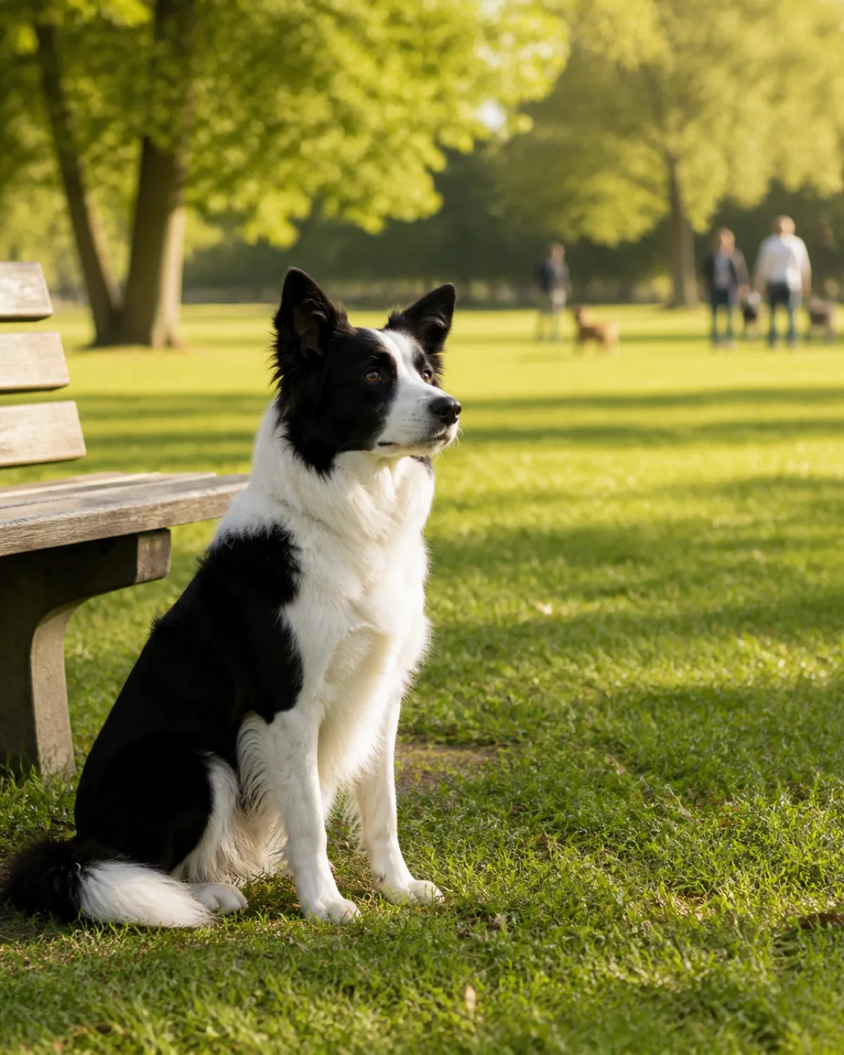 a medium-sized dog with a striking black-and-white double coat and erect pointed ears sitting on green grass in a park next to a wooden bench focused forward despite blurred figures of people and another dog in the far background in warm golden afternoon light