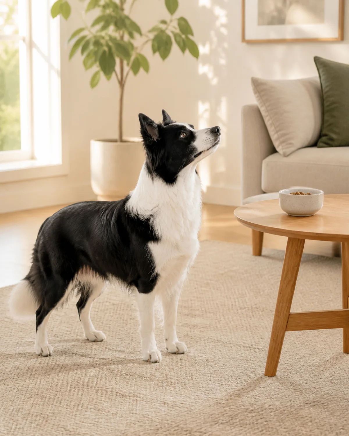 a medium-sized dog with a striking black-and-white double coat and erect pointed ears standing on a cream area rug in a quiet bright living room looking curiously at a small ceramic bowl of tiny soft training treats on a low side table with warm morning light