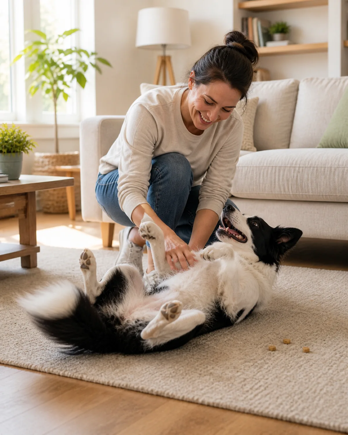 a person crouching on the floor playing with a medium-sized dog with a striking black-and-white double coat and erect pointed ears the dog is playfully on its back with mouth open and tail wagging both look relaxed and happy a few small treats scattered on the floor nearby warm living room light