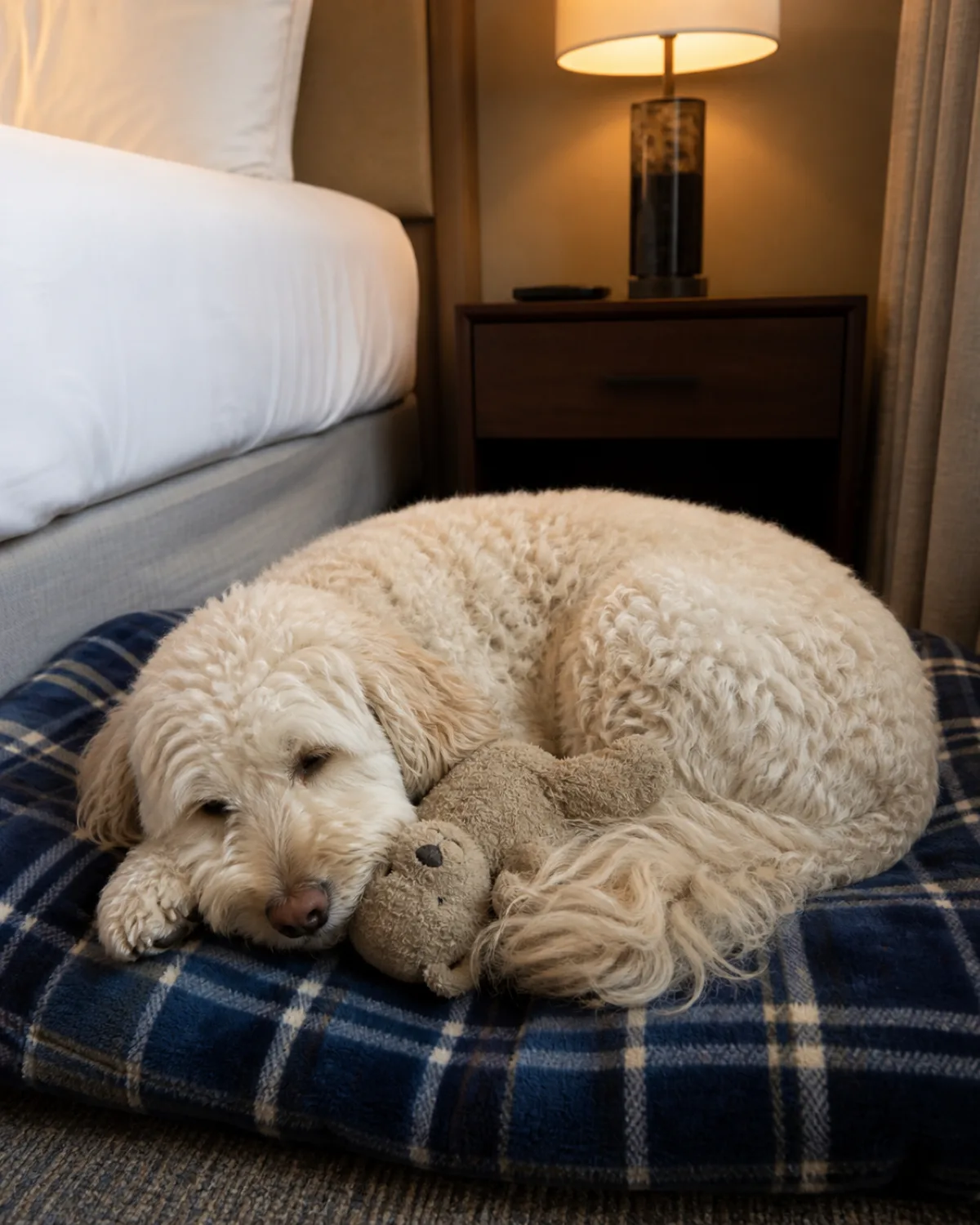 a medium dog with a soft shaggy wavy-to-curly cream-white coat floppy ears and a rounded teddy-bear face curled up on a familiar-looking blue plaid blanket in the corner of a hotel room with a well-loved stuffed toy tucked against its side and the dog looking sleepy and comfortable with a bedside table lamp casting warm golden light
