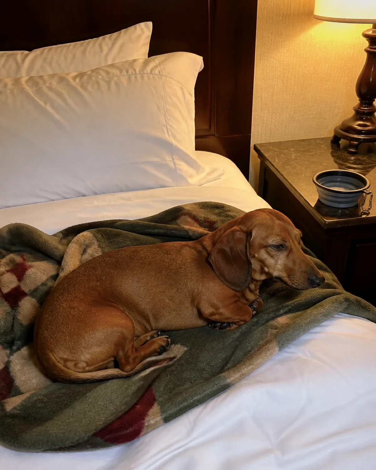 a small dog with a very long low body and very short legs a smooth solid red coat and long floppy ears curled up on a hotel bed on top of a familiar worn blanket with a small travel bowl of water on the nightstand in warm bedside lamp light with the dog looking settled and cozy with eyes half-closed