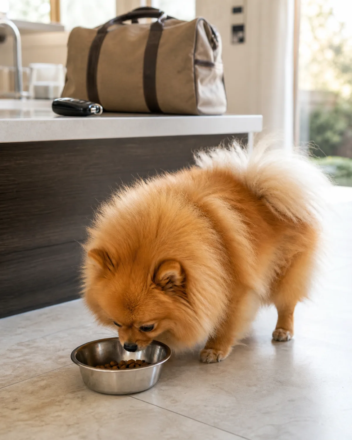 a tiny dog with a profuse fluffy orange double coat a foxy face small erect ears and a plumed tail curled over the back sitting on a kitchen floor next to a small stainless steel bowl with a modest portion of kibble in bright morning light from a window with a car key fob and a travel bag visible on the kitchen counter in the background