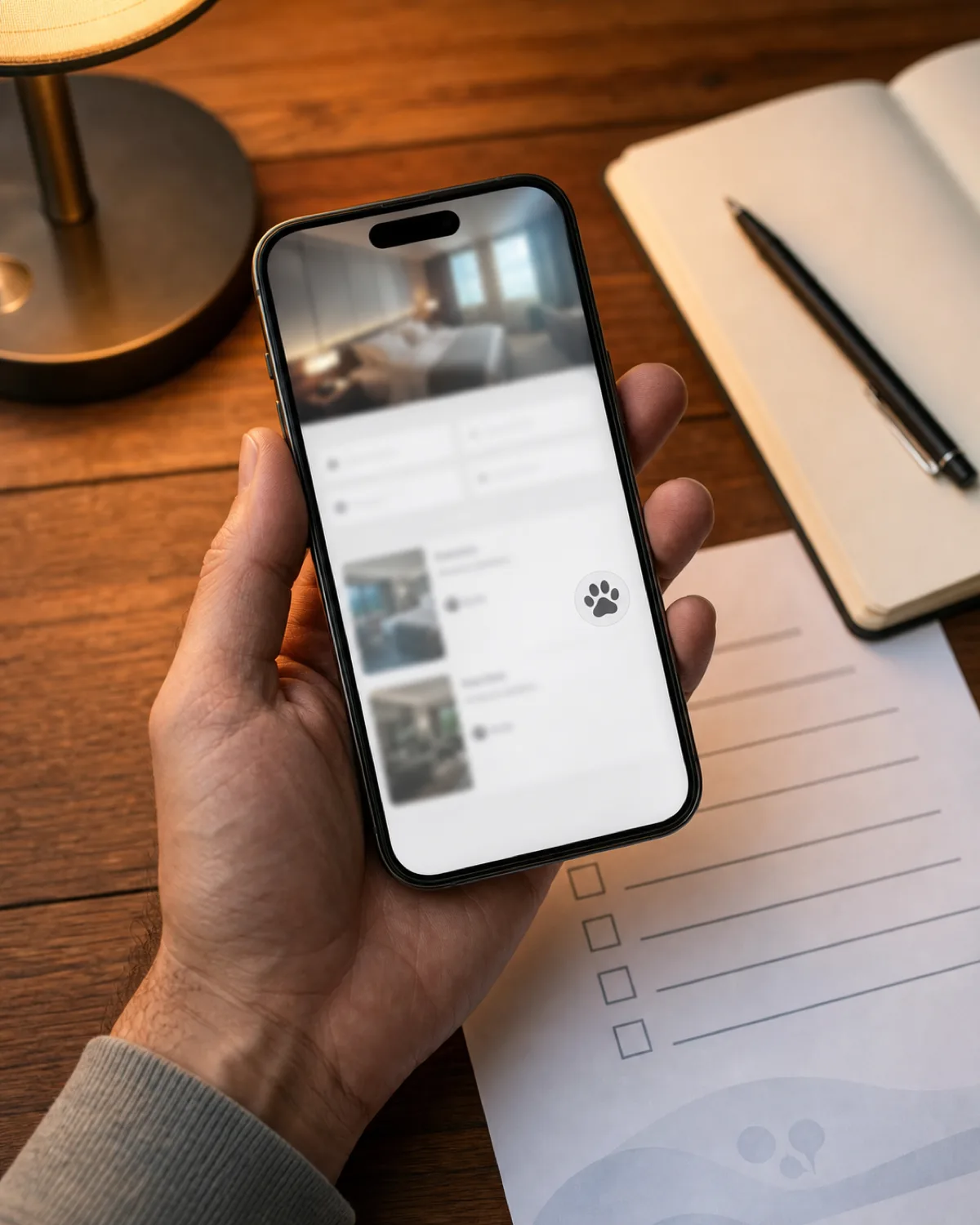 a persons hand holding a smartphone over a wooden desk with the phone screen showing a blurred hotel booking page with a paw-print icon visible and a small open notebook and a pen beside the phone and a printed sheet with a checklist partially visible in warm desk lamp light