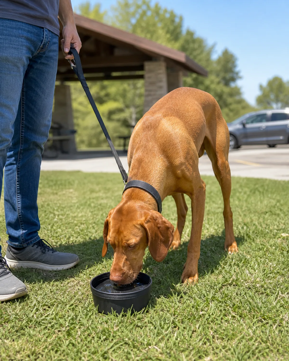 a medium-large sleek dog with a uniform rusty golden-brown short coat floppy ears and a lean athletic frame standing on a grassy patch at a highway rest area on a leash held by a person wearing sneakers and jeans while the dog drinks water from a portable travel bowl on the ground with a parked car visible in the soft background in bright midday sun