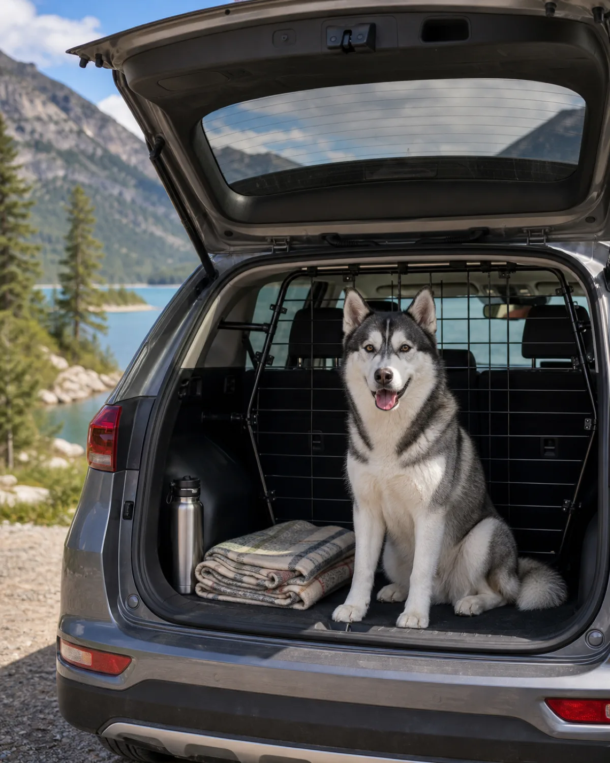 a medium athletic double-coated dog grey-and-white with a symmetric darker facial mask erect triangular ears and a bushy tail sitting calmly in the back of an SUV behind a sturdy cargo barrier with a travel water bottle and a folded blanket beside the dog with the car parked and the rear hatch open in bright outdoor light