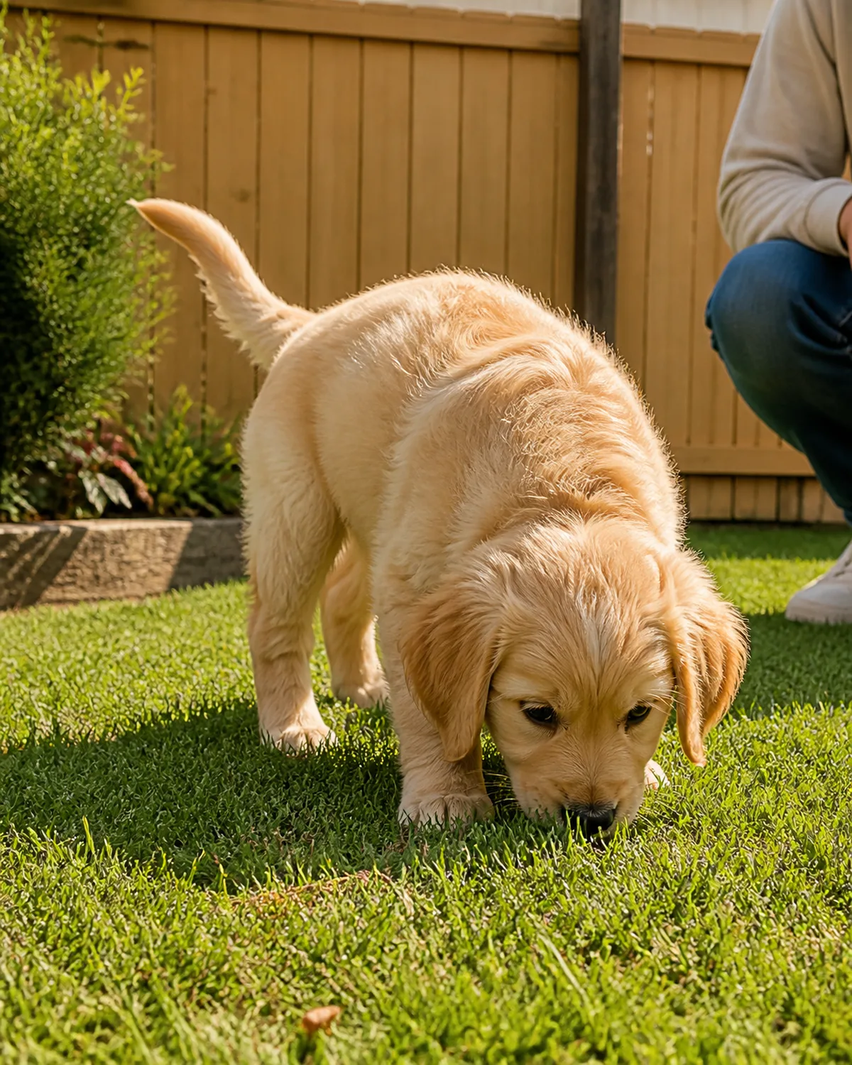 a medium fluffy golden-cream puppy with wavy fur floppy ears and oversized paws sniffing a patch of grass in a tidy fenced backyard nose to the ground and tail up warm afternoon sunlight green lawn with a simple wooden fence