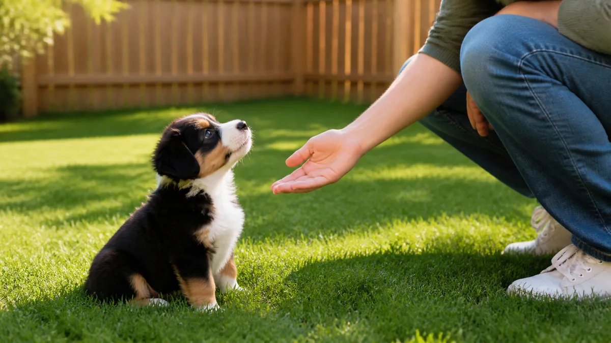 a tiny fluffy tricolor puppy with black white and tan patches soft floppy ears and a curious expression sitting on a sunlit backyard lawn looking up at a person crouching nearby with one hand extended a low wooden fence visible in the background warm morning light green grass