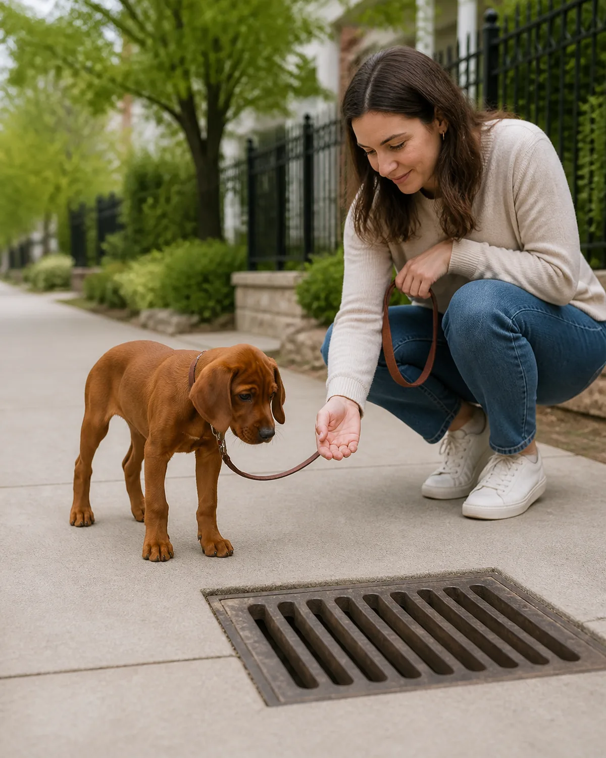 a small sleek puppy with a glossy deep-red smooth coat and long floppy ears walking on a quiet path in a residential neighborhood looking curiously at a metal storm drain cover on the sidewalk the person crouching nearby offering encouragement bright overcast light
