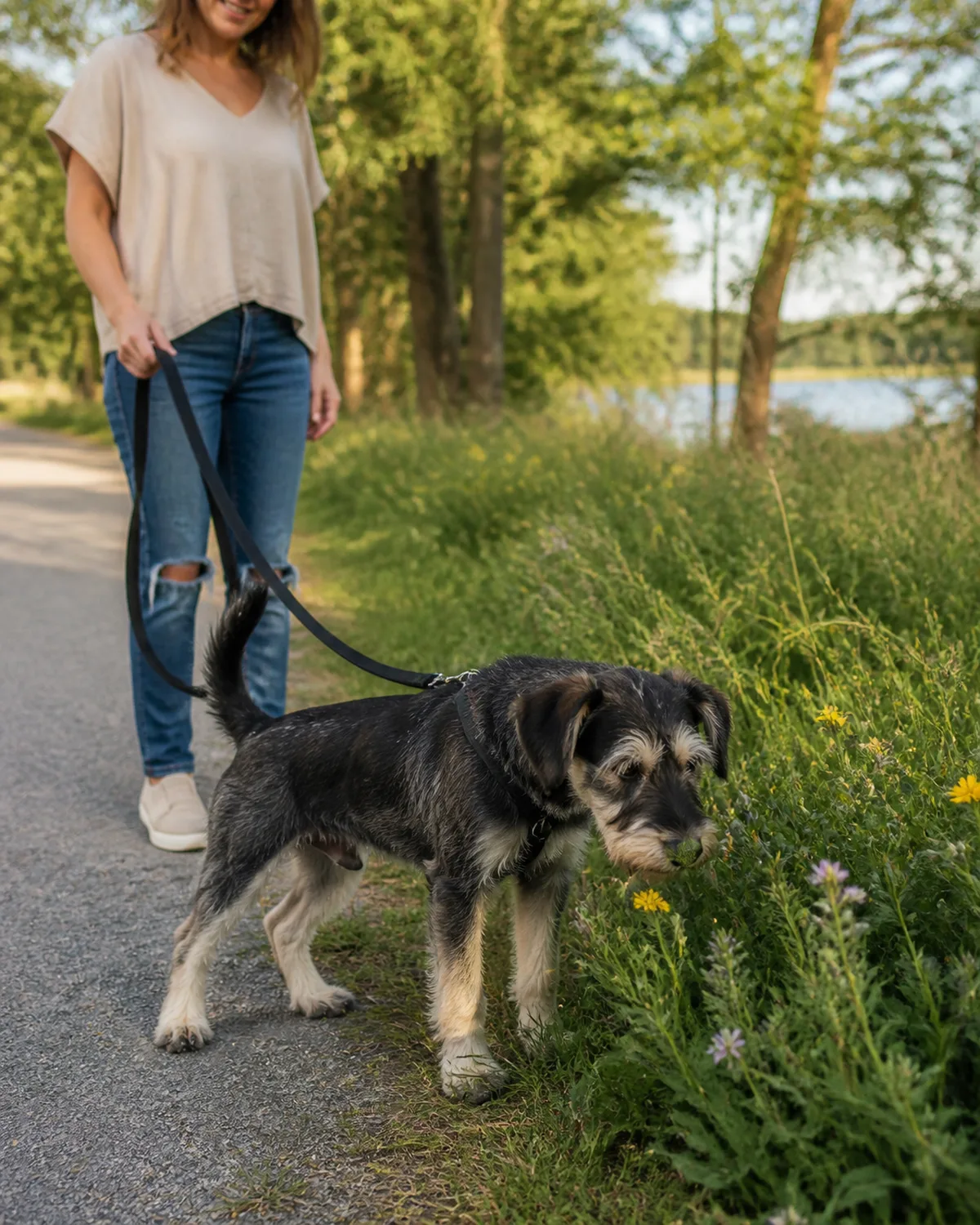 a medium wiry-coated salt-and-pepper puppy with bushy eyebrows and a bearded muzzle on a grassy park edge with nose deep in a patch of wildflowers the leash hanging loose the person standing patiently behind warm late afternoon light