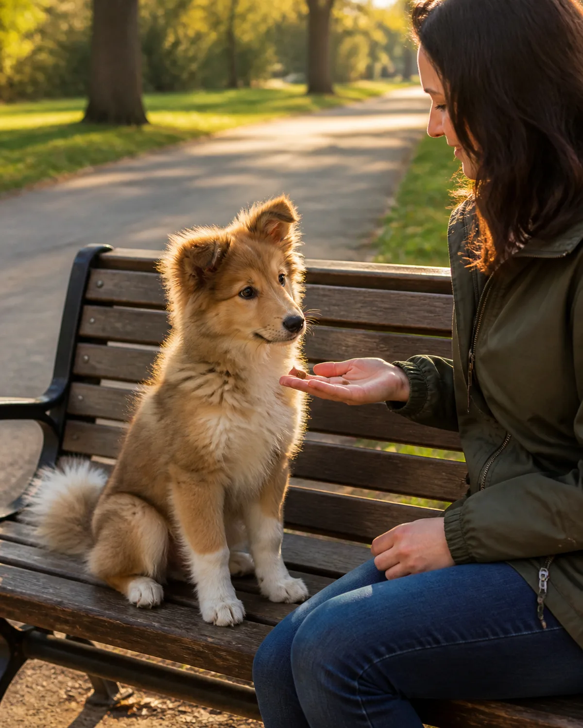 a medium fluffy sable-and-white puppy with a plume tail and a fox-like face sitting on a park bench beside a person who is offering a small treat from their hand the puppy looking eagerly at the treat with ears forward a quiet park path in the background warm golden light