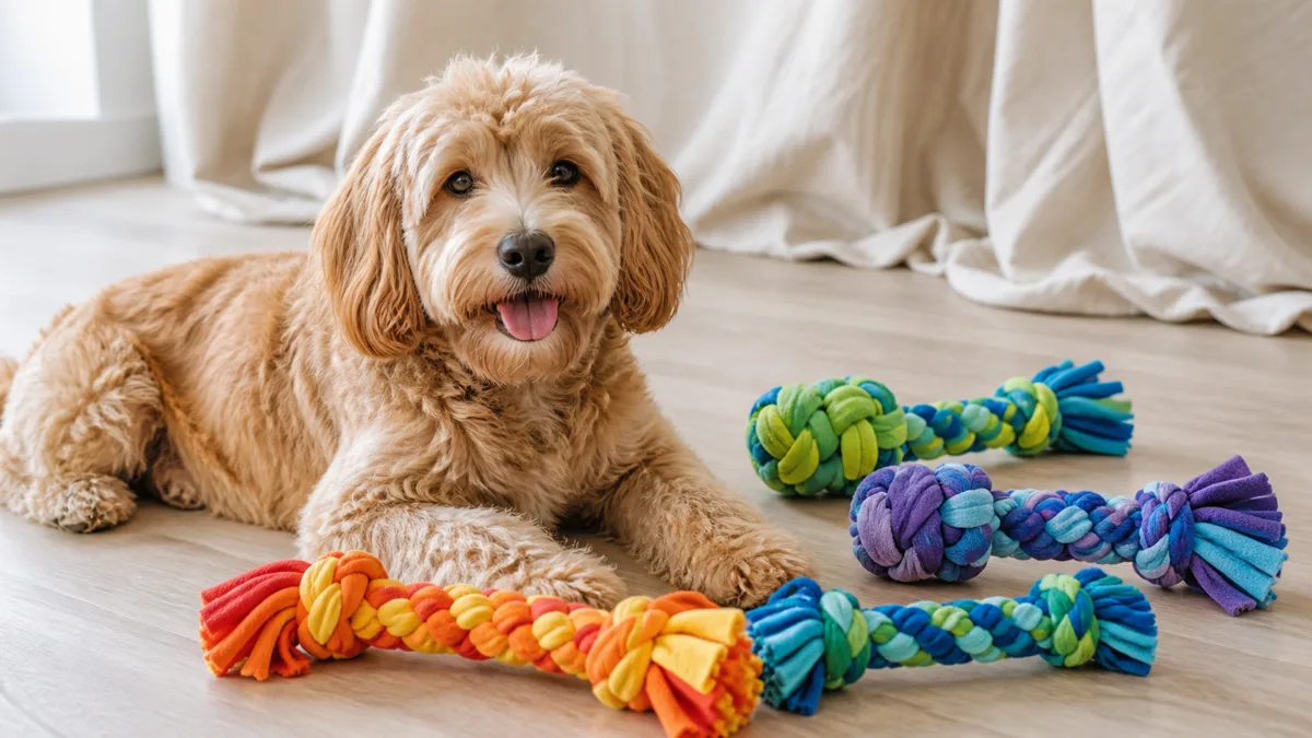 a fluffy apricot-gold shaggy-coated medium dog with floppy soft ears lying beside colorful braided fleece rope toys on a pale wood floor warm natural light from left cream linen background dog relaxed with tongue slightly out