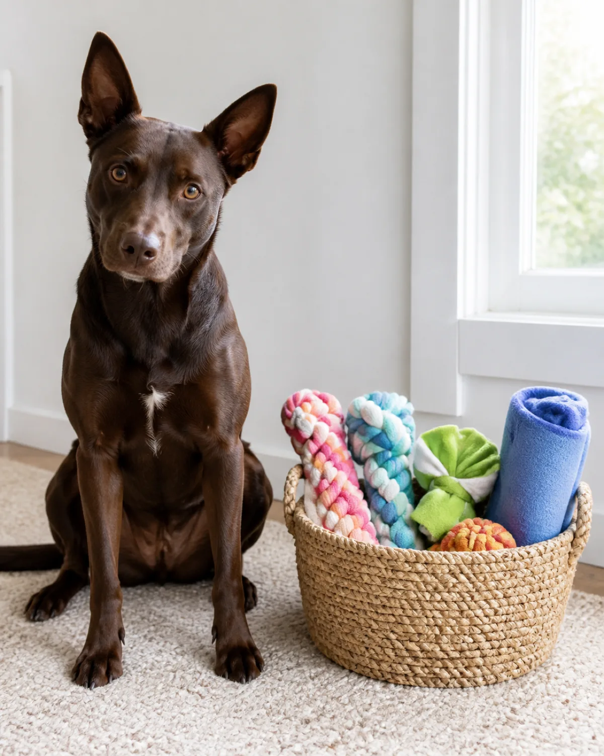 a sleek chocolate-brown short-coated medium dog with alert upright ears sitting next to a woven basket filled with colorful DIY dog toys on a cream rug soft daylight from window white wall background dog looking at camera with gentle curiosity