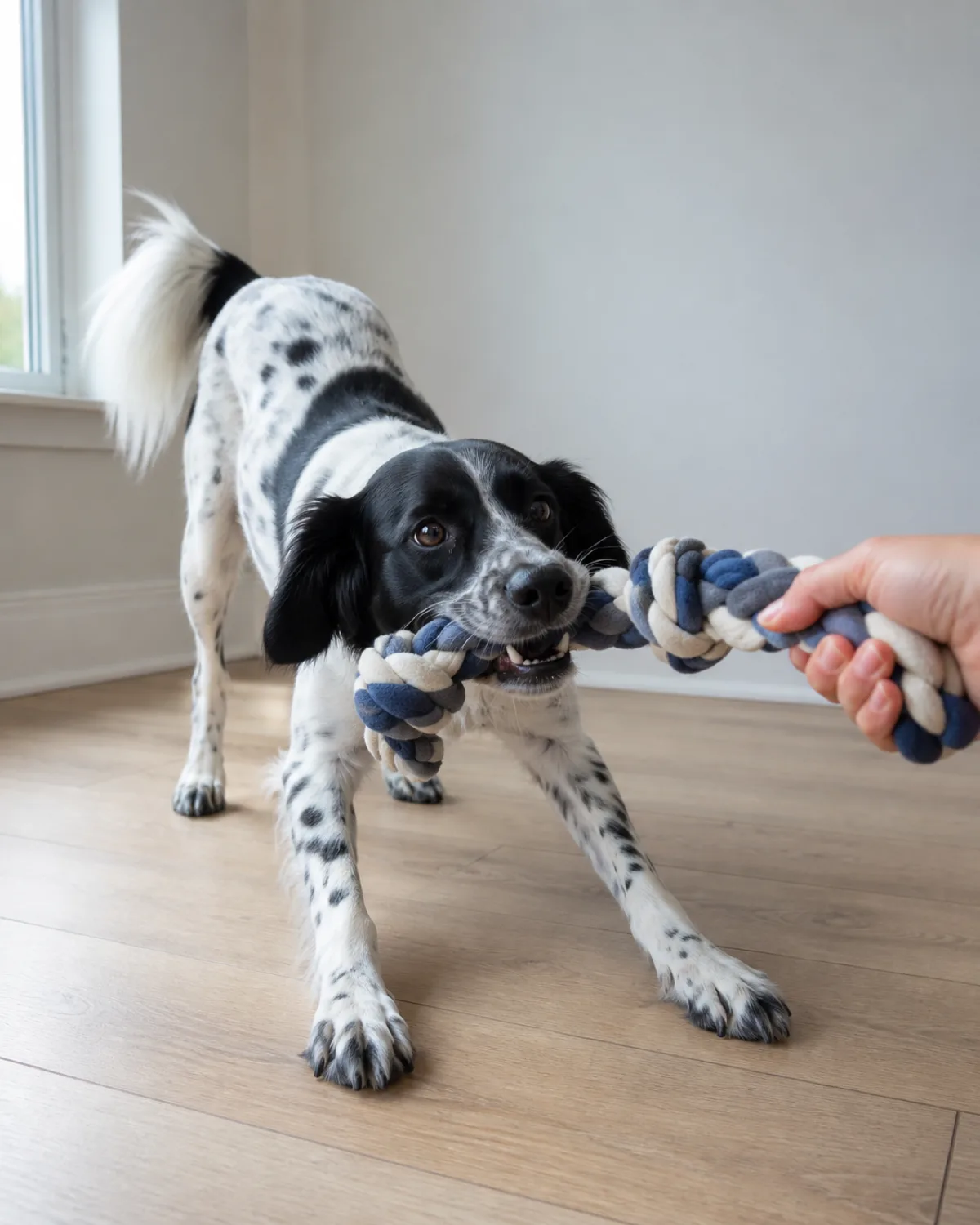 a black-and-white spotted medium-coated dog with floppy ears tugging on a braided fleece rope toy with a human hand visible at edge holding the other end paws braced on light wood floor natural sidelight pale neutral wall behind dog looks playful and engaged