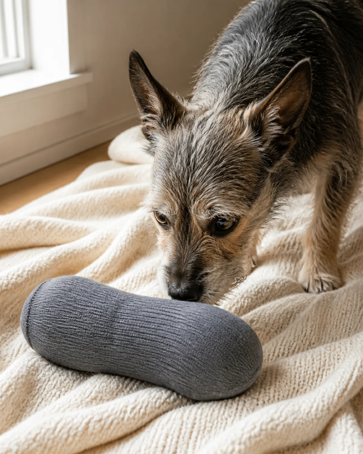 a small wiry salt-and-pepper scruffy-coated dog with upright ears nosing a crinkly stuffed sock toy on a cream knit blanket warm window light from the left pale wood floor visible at edge dog ears perked with interest curious expression